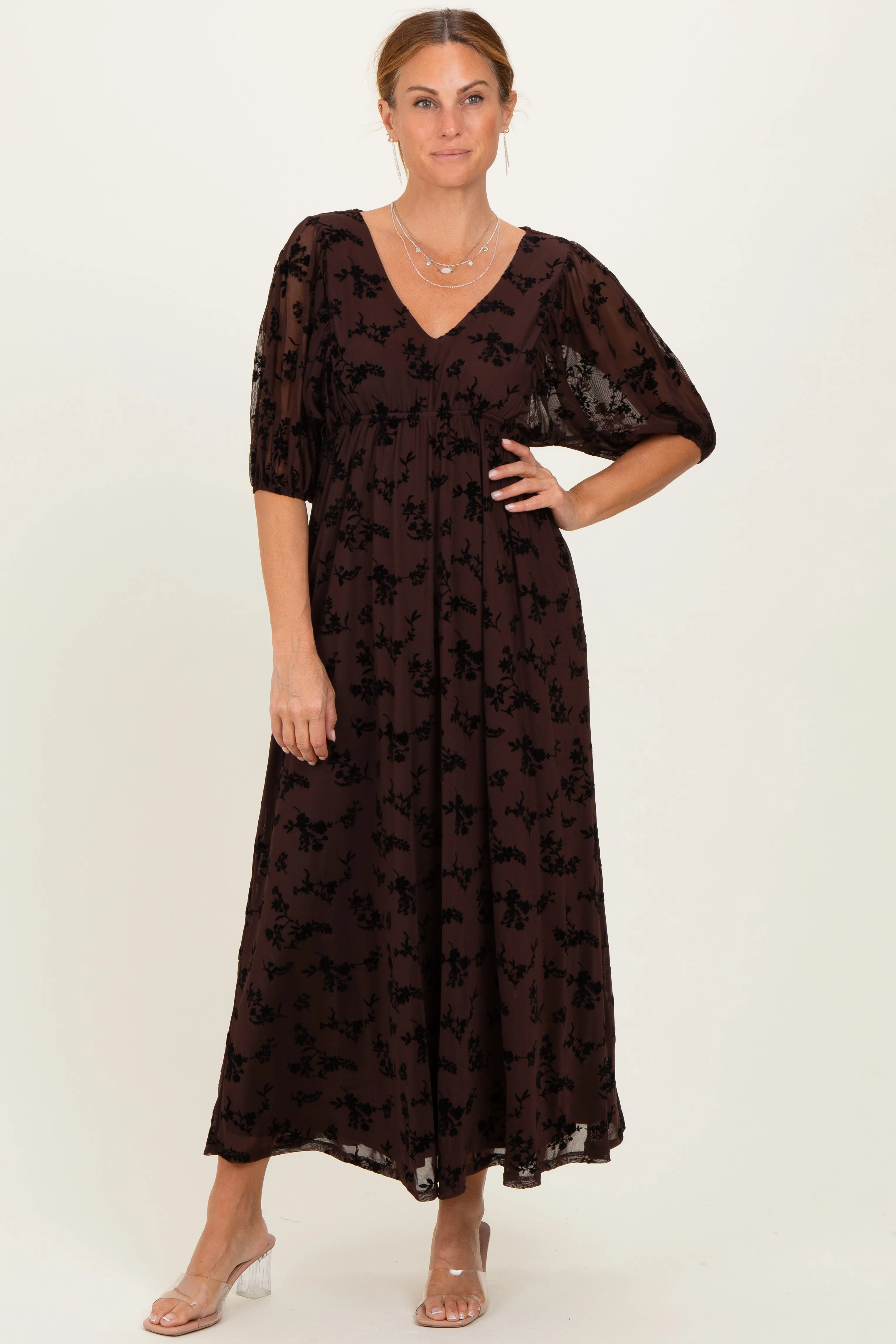 Brown Floral Mesh 3/4 Sleeve V-Neck Maxi Dress sold by Pinkblush product image thumbnail 2