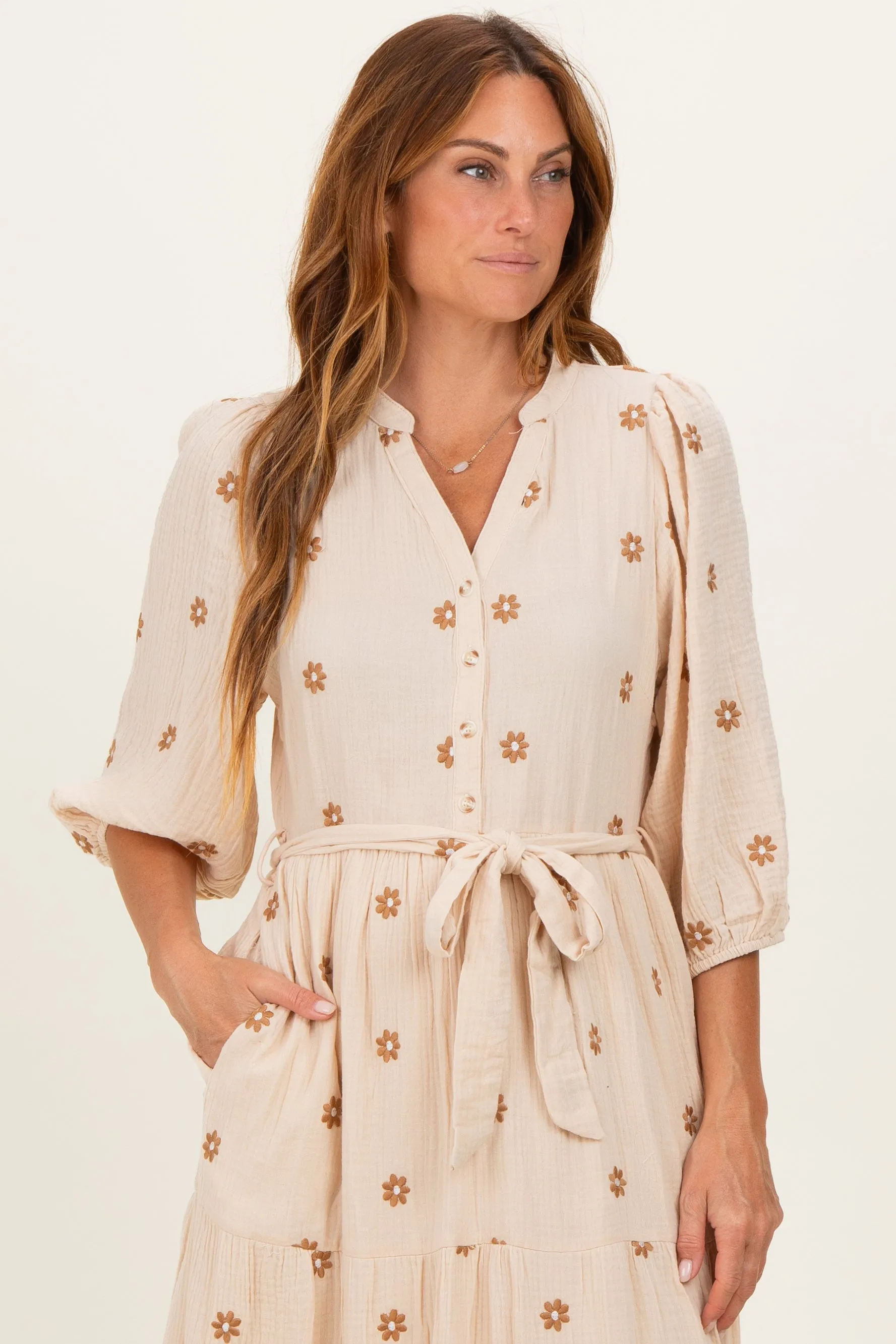 Brown Floral Cotton Gauze Tiered Midi Dress sold by Pinkblush product image thumbnail 2