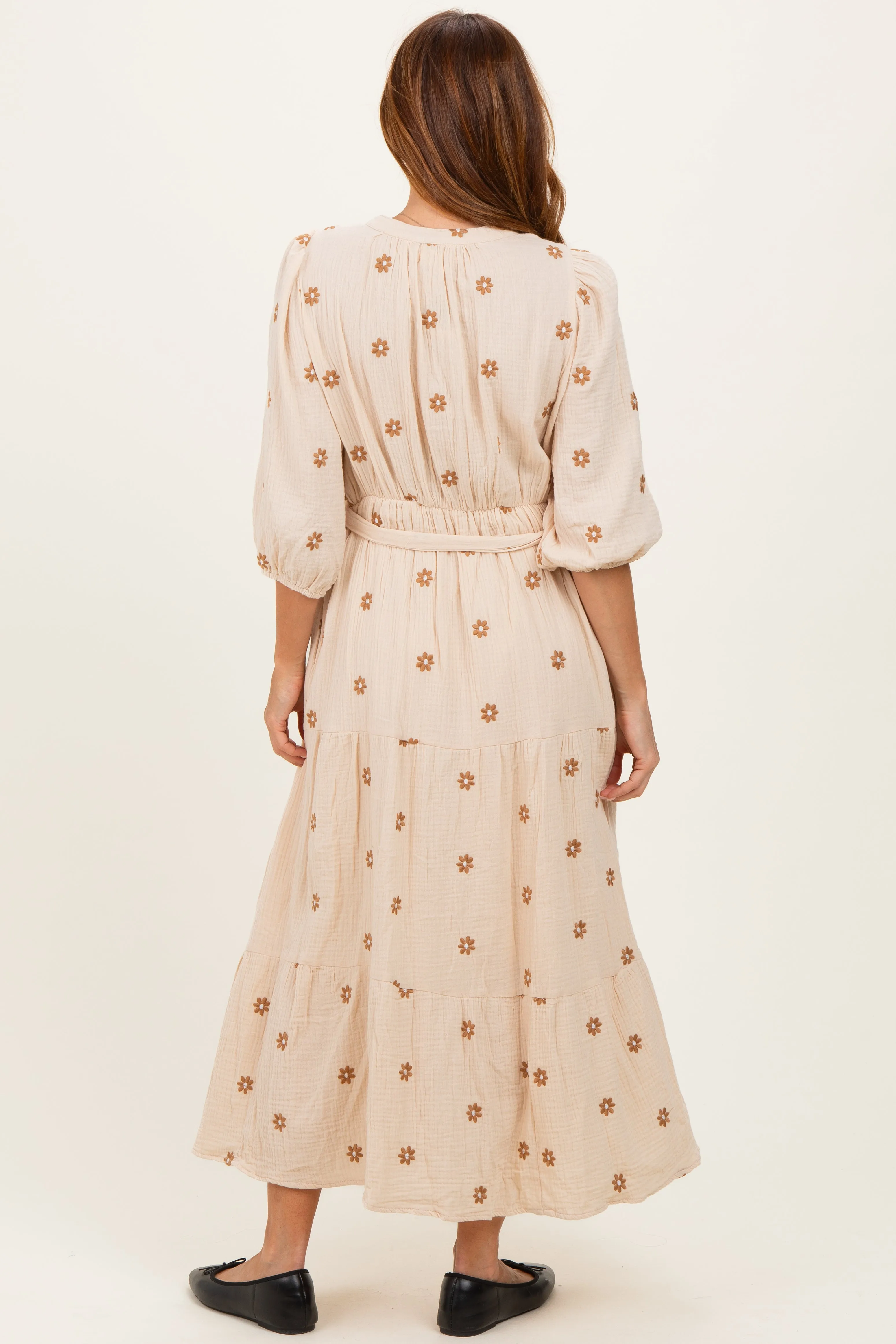 Brown Floral Cotton Gauze Tiered Midi Dress sold by Pinkblush product image thumbnail 4