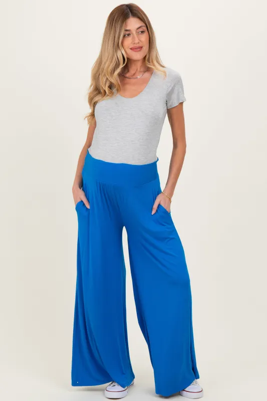 Blue Smocked Waist Wide Leg Maternity Pants sold by Pinkblush
