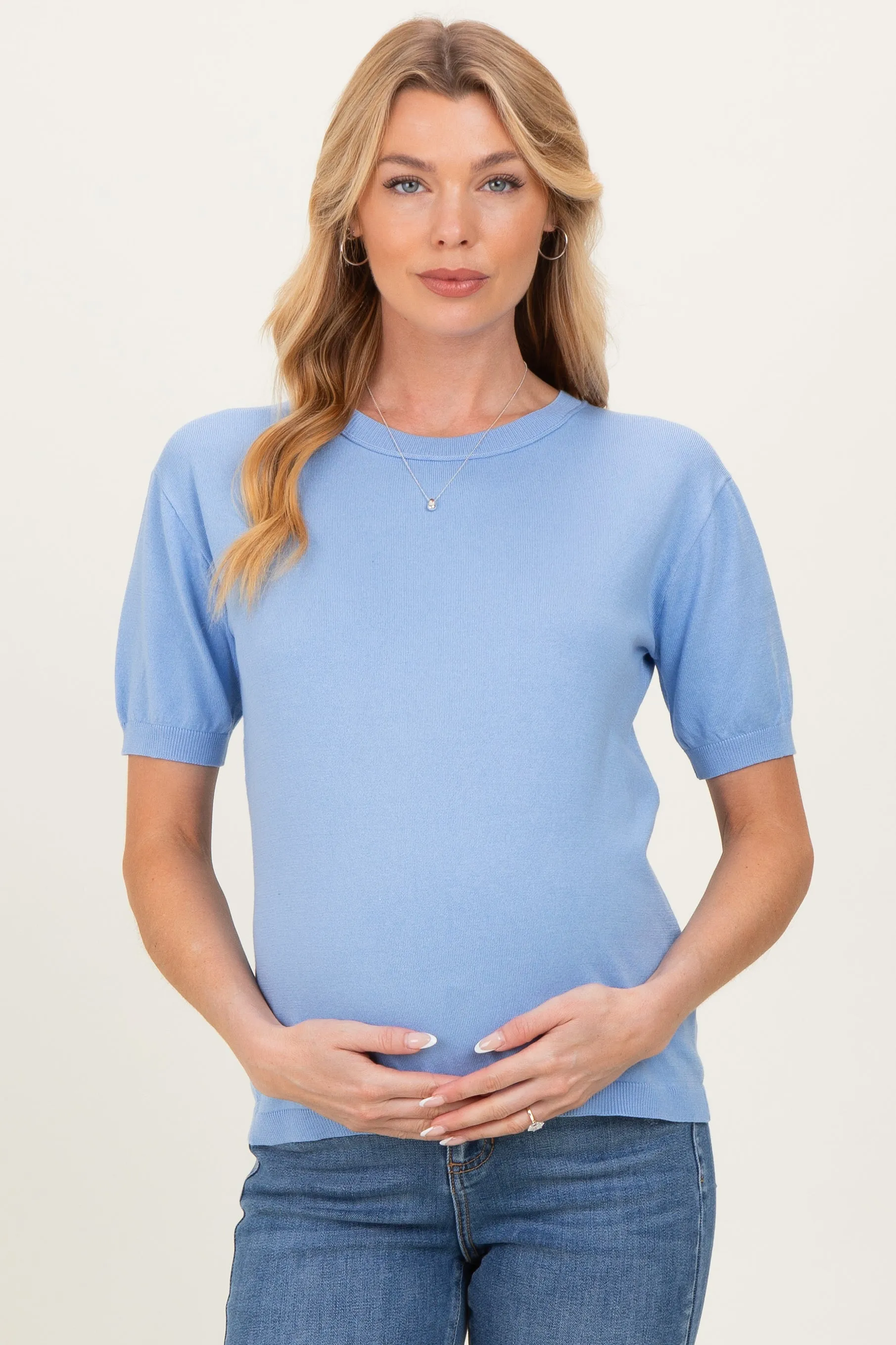 Blue Crew Neck Solid Maternity Sweater sold by Pinkblush product image thumbnail 2