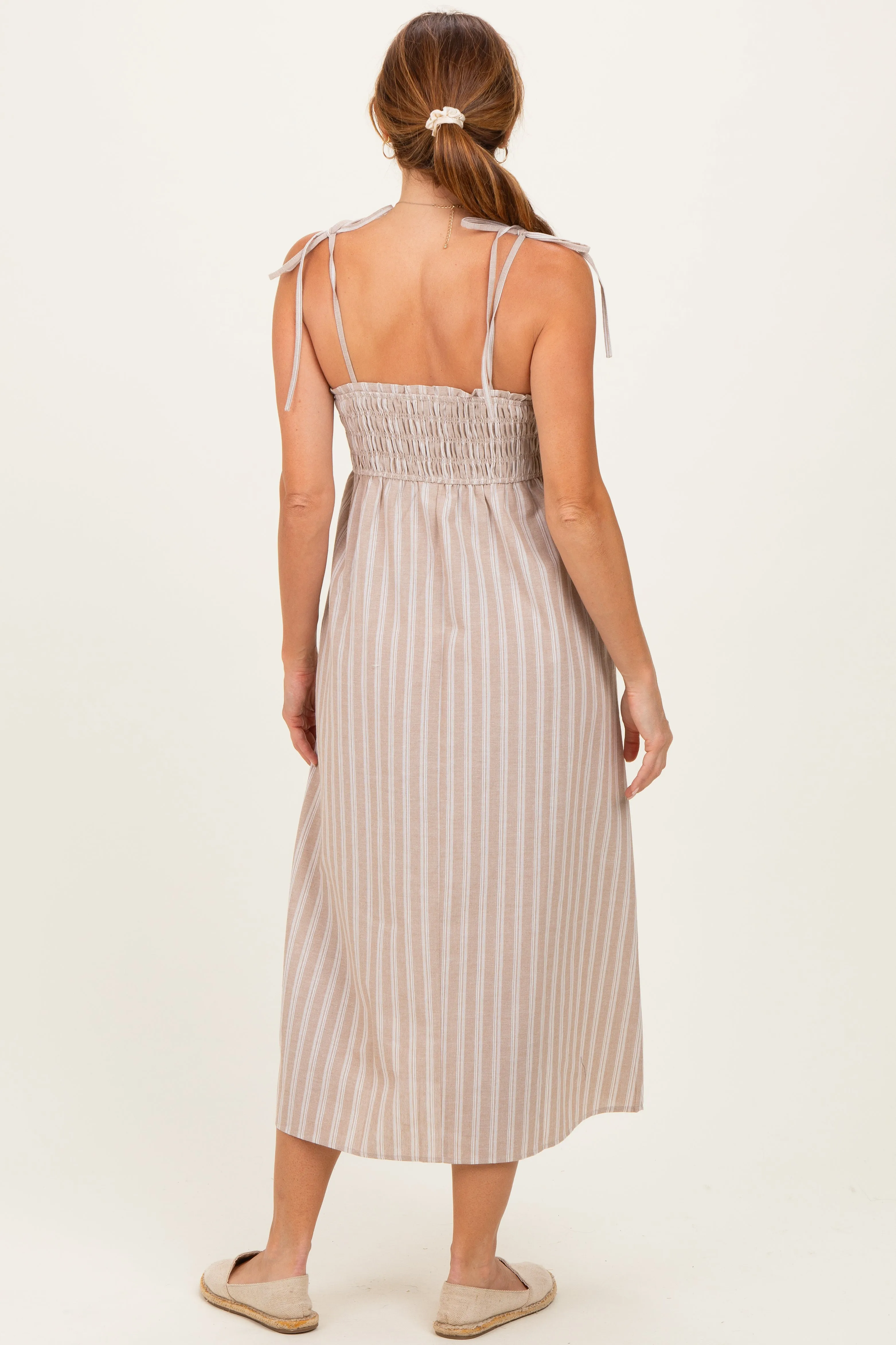 Mocha Striped Smocked Shoulder Tie Midi Dress sold by Pinkblush product image thumbnail 3