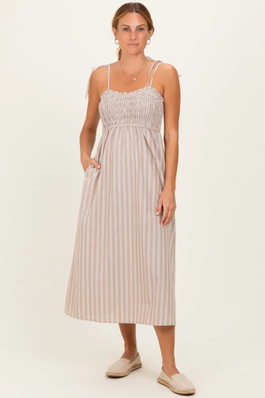 Mocha Striped Smocked Shoulder Tie Midi Dress sold by Pinkblush