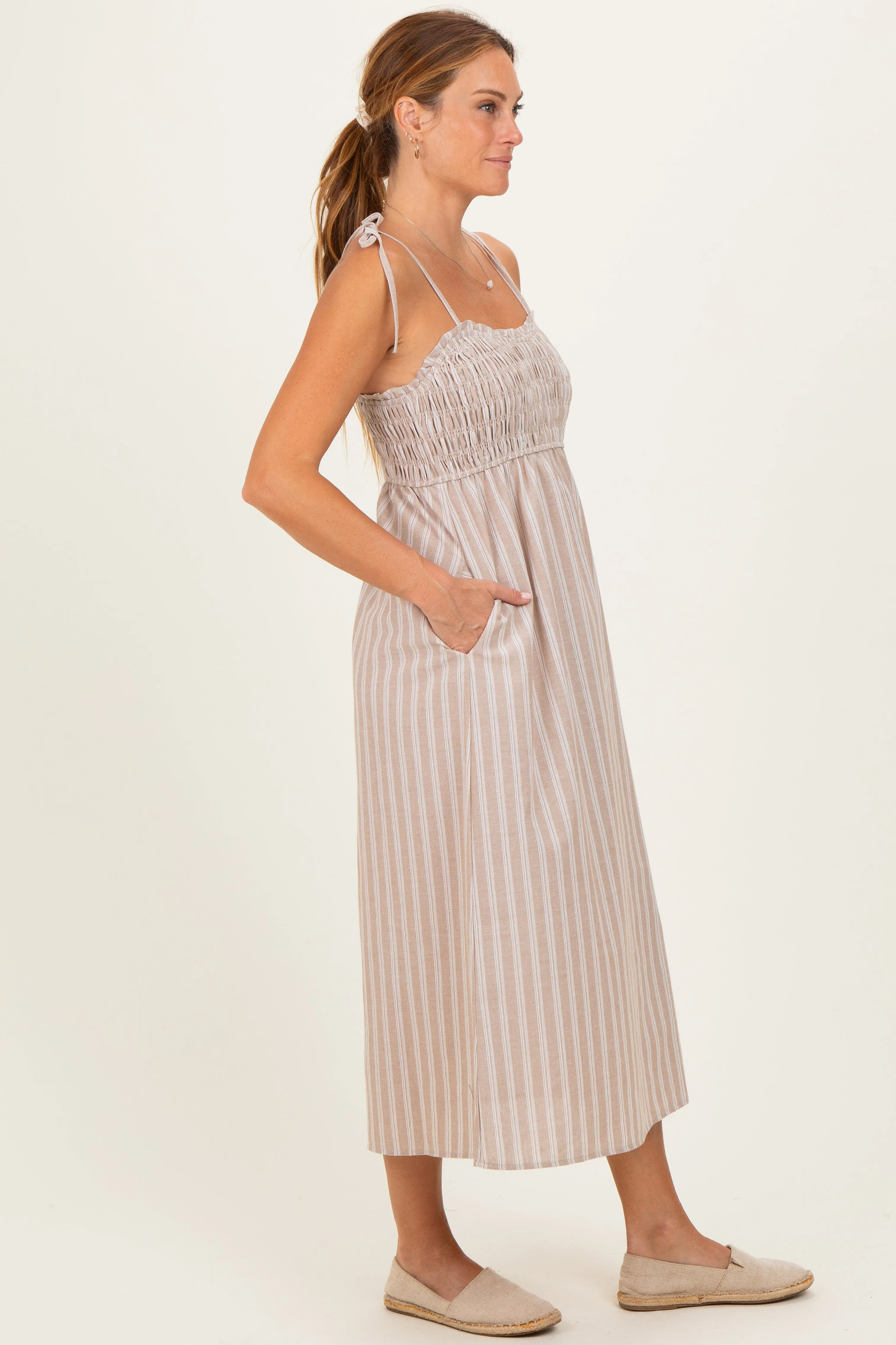 Mocha Striped Smocked Shoulder Tie Midi Dress sold by Pinkblush product image thumbnail 2