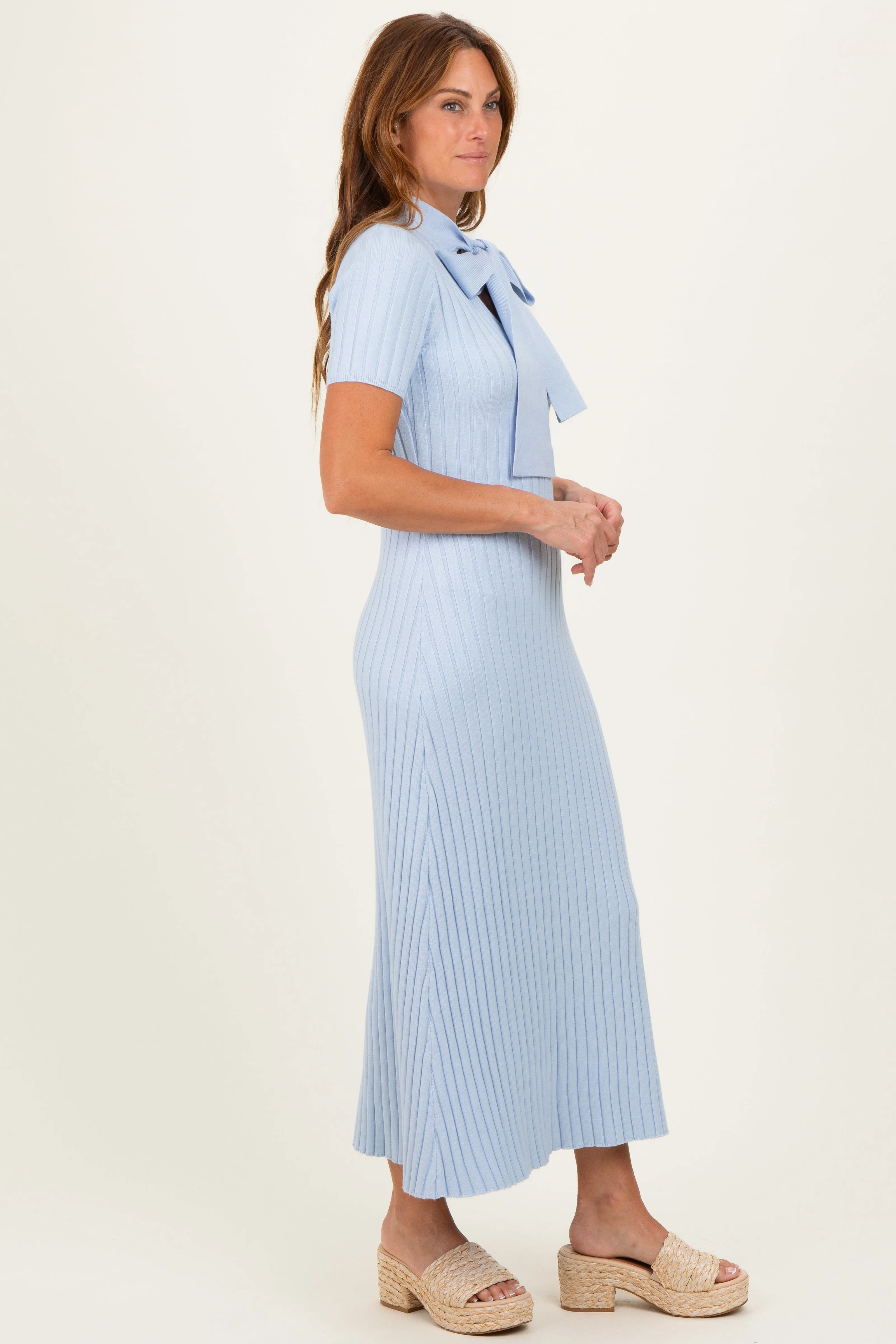 Sky Blue Ribbed Knit Tie Neck Midi Dress sold by Pinkblush product image thumbnail 2