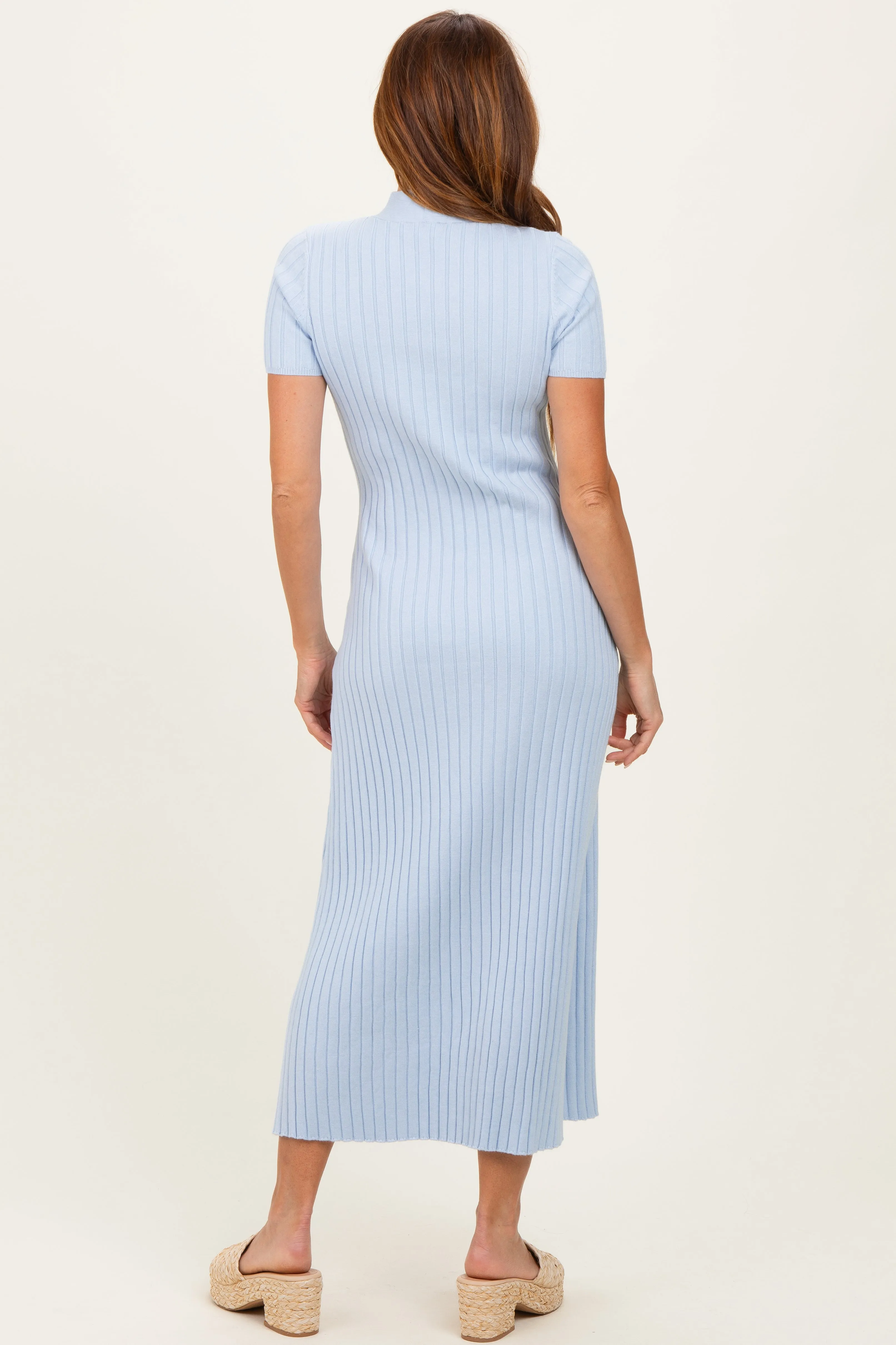 Sky Blue Ribbed Knit Tie Neck Midi Dress sold by Pinkblush product image thumbnail 3