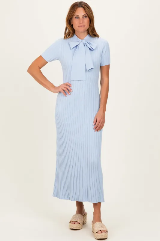 Sky Blue Ribbed Knit Tie Neck Midi Dress made by Able