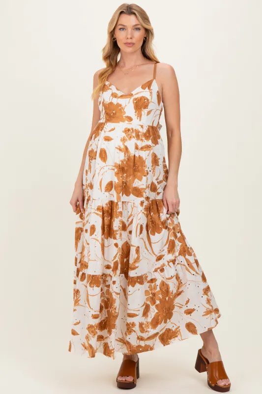 Mocha Floral Tiered Cutout Tie Back Maternity Maxi Dress made by Doe & Rae