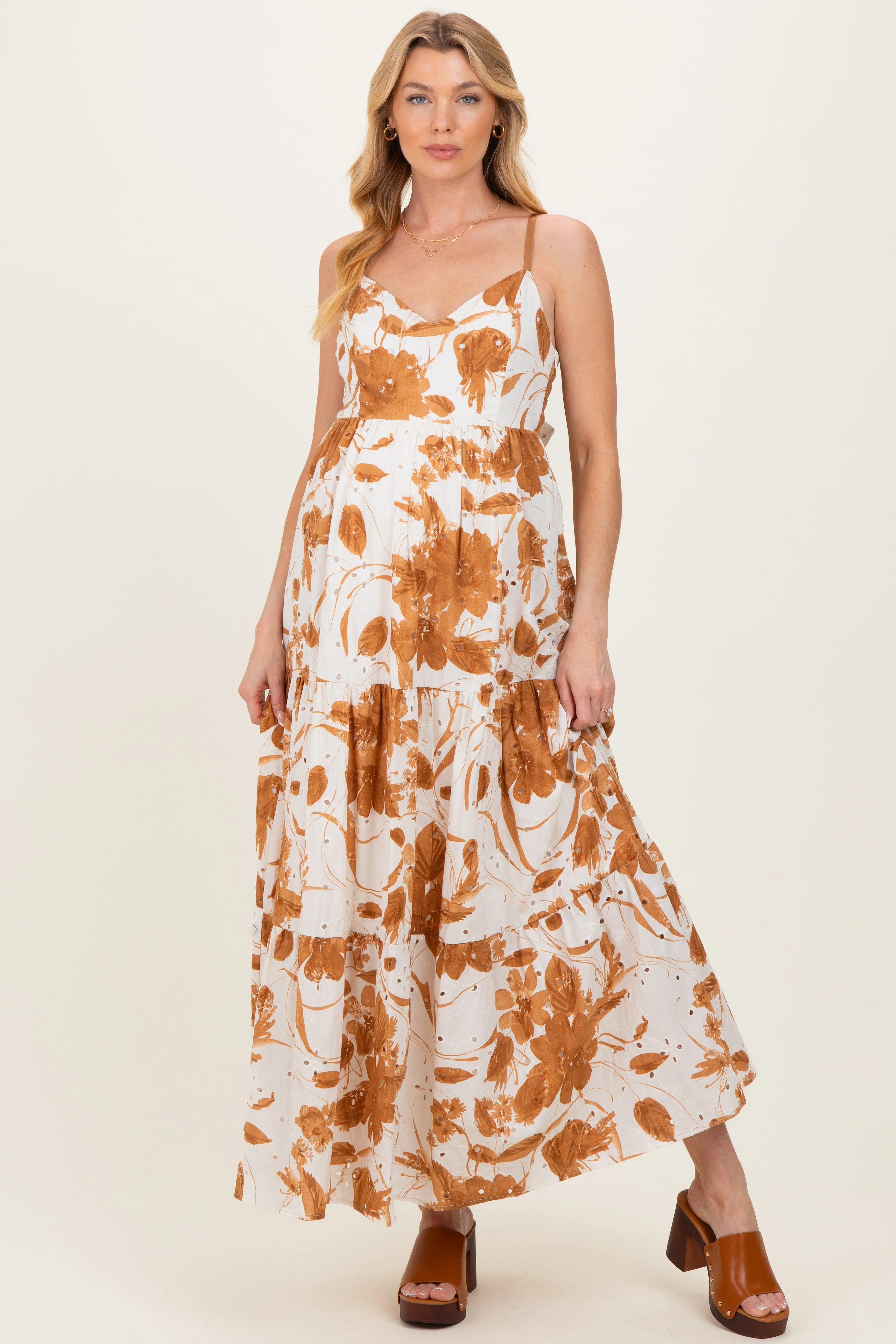 Mocha Floral Tiered Cutout Tie Back Maternity Maxi Dress sold by Pinkblush
