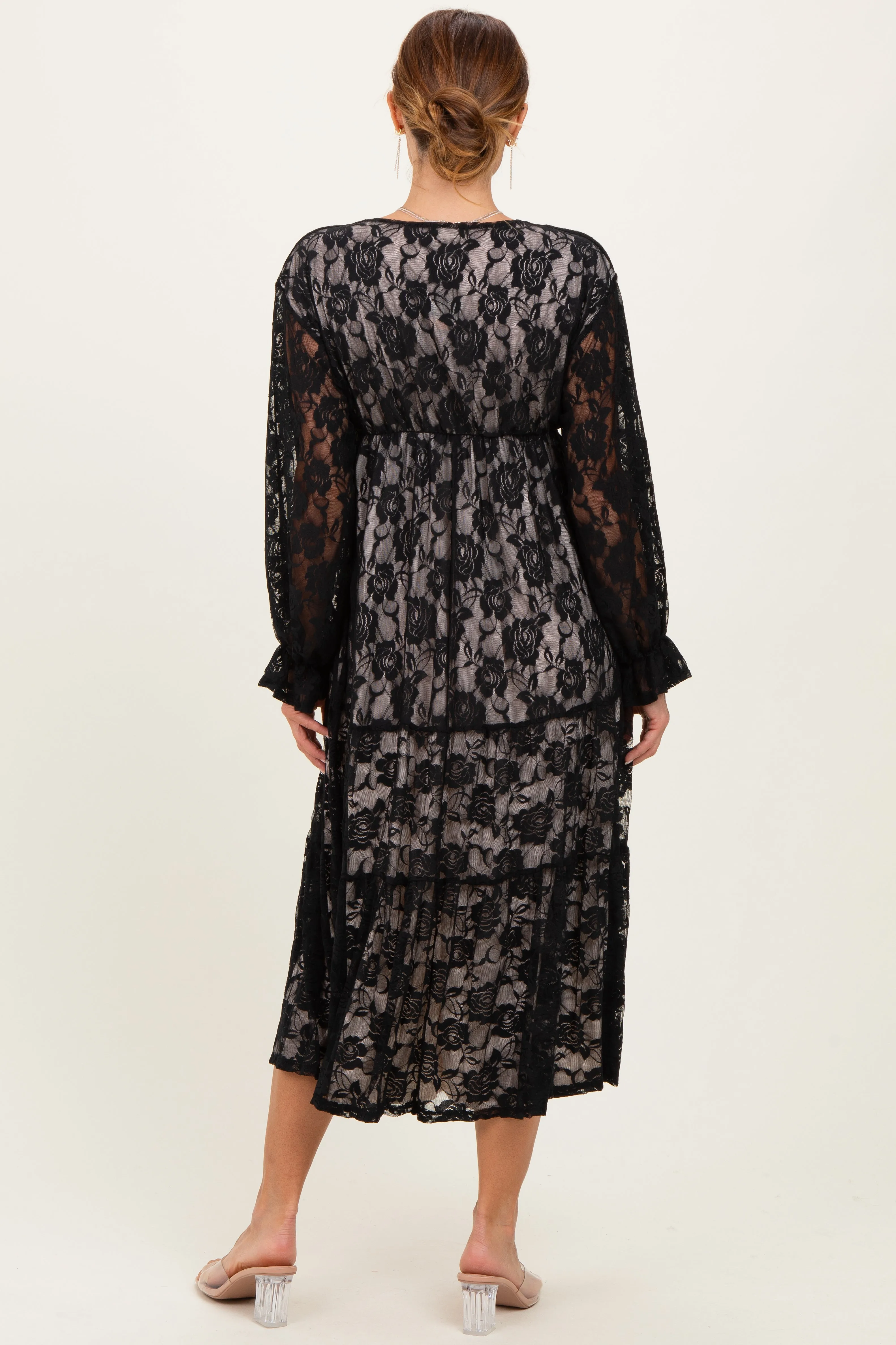 Black Floral Lace Long Sleeve V-Neck Maxi Dress sold by Pinkblush product image thumbnail 4
