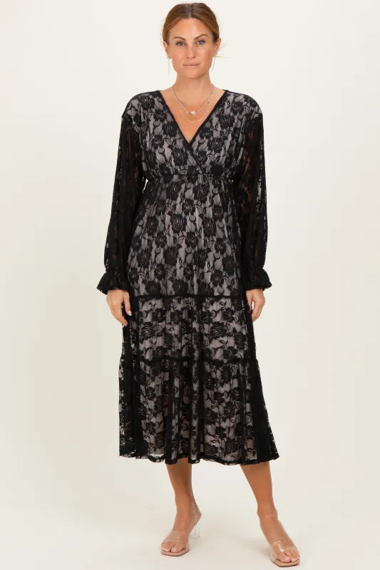 Black Floral Lace Long Sleeve V-Neck Maxi Dress sold by Pinkblush