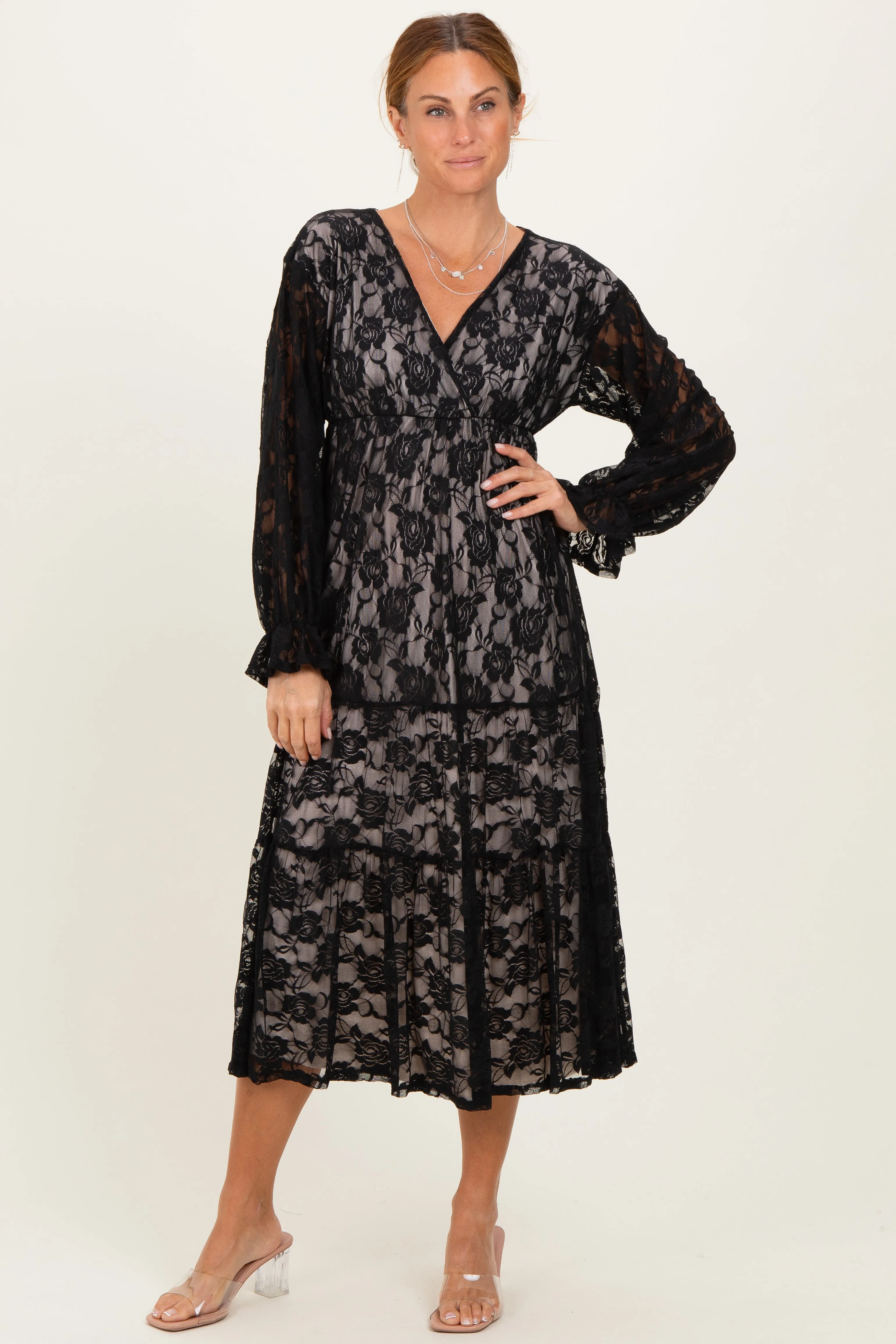 Black Floral Lace Long Sleeve V-Neck Maxi Dress sold by Pinkblush product image thumbnail 2