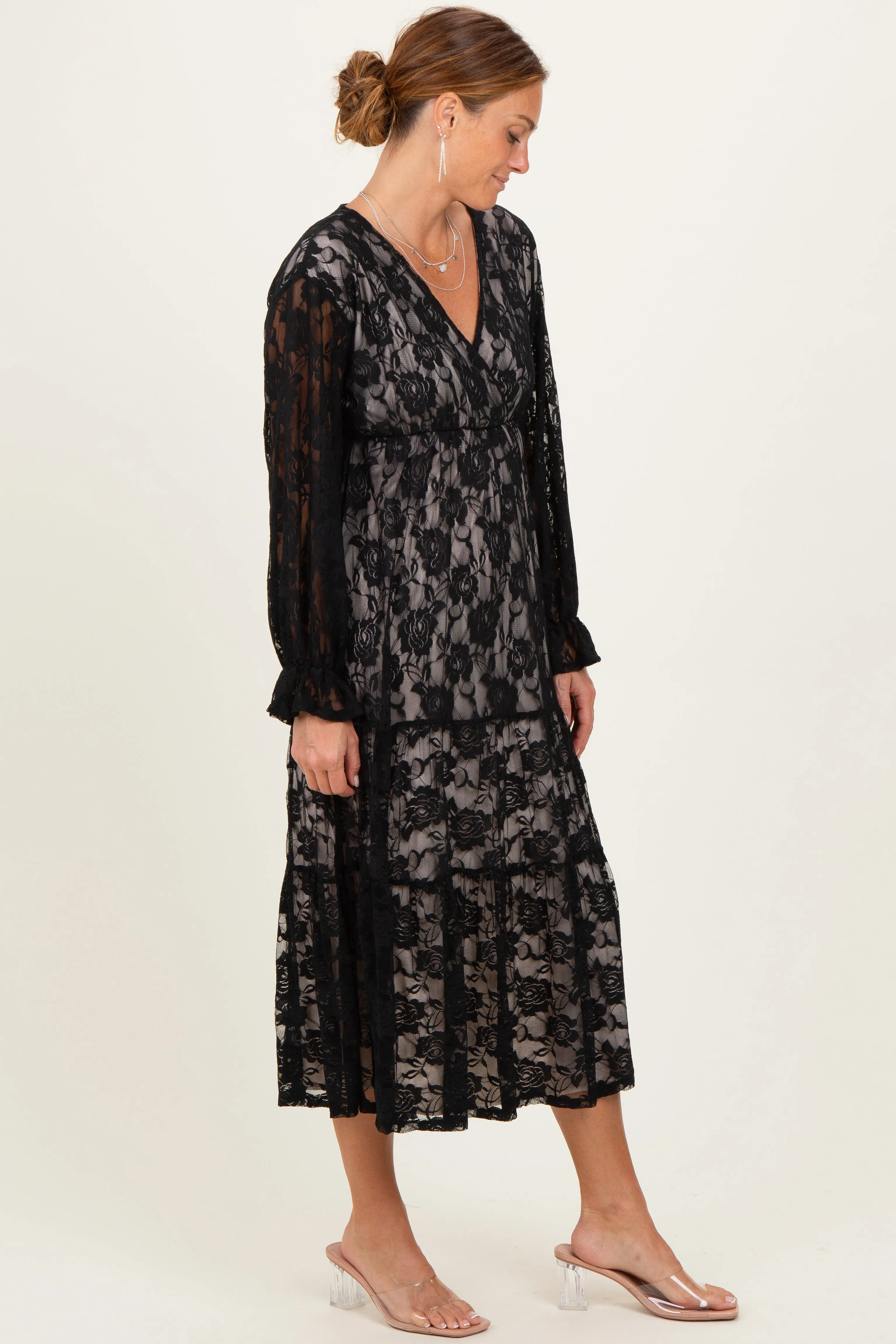 Black Floral Lace Long Sleeve V-Neck Maxi Dress sold by Pinkblush product image thumbnail 3