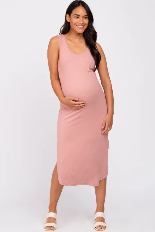 Mauve Heathered Sleeveless Pocket Front Maternity Midi Dress sold by Pinkblush
