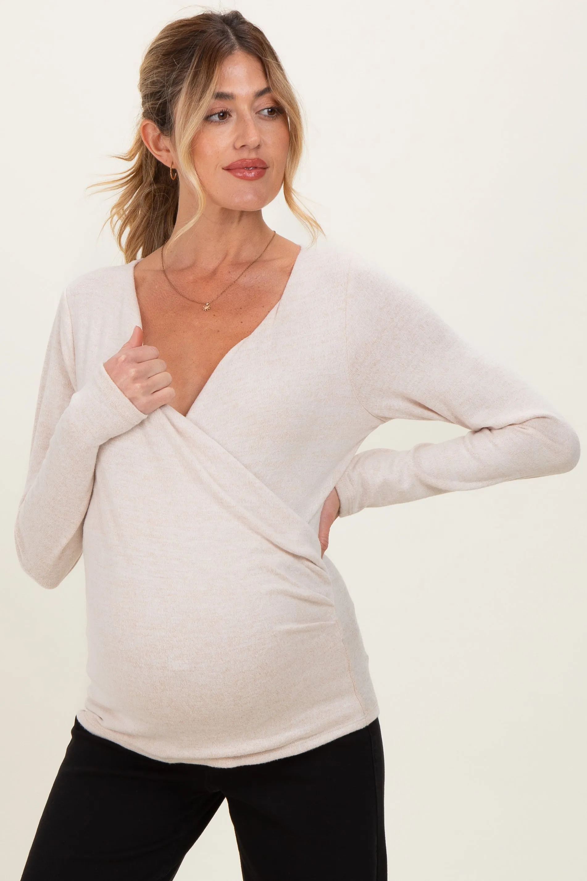 Beige Brushed Knit Wrap Front Maternity Top sold by Pinkblush