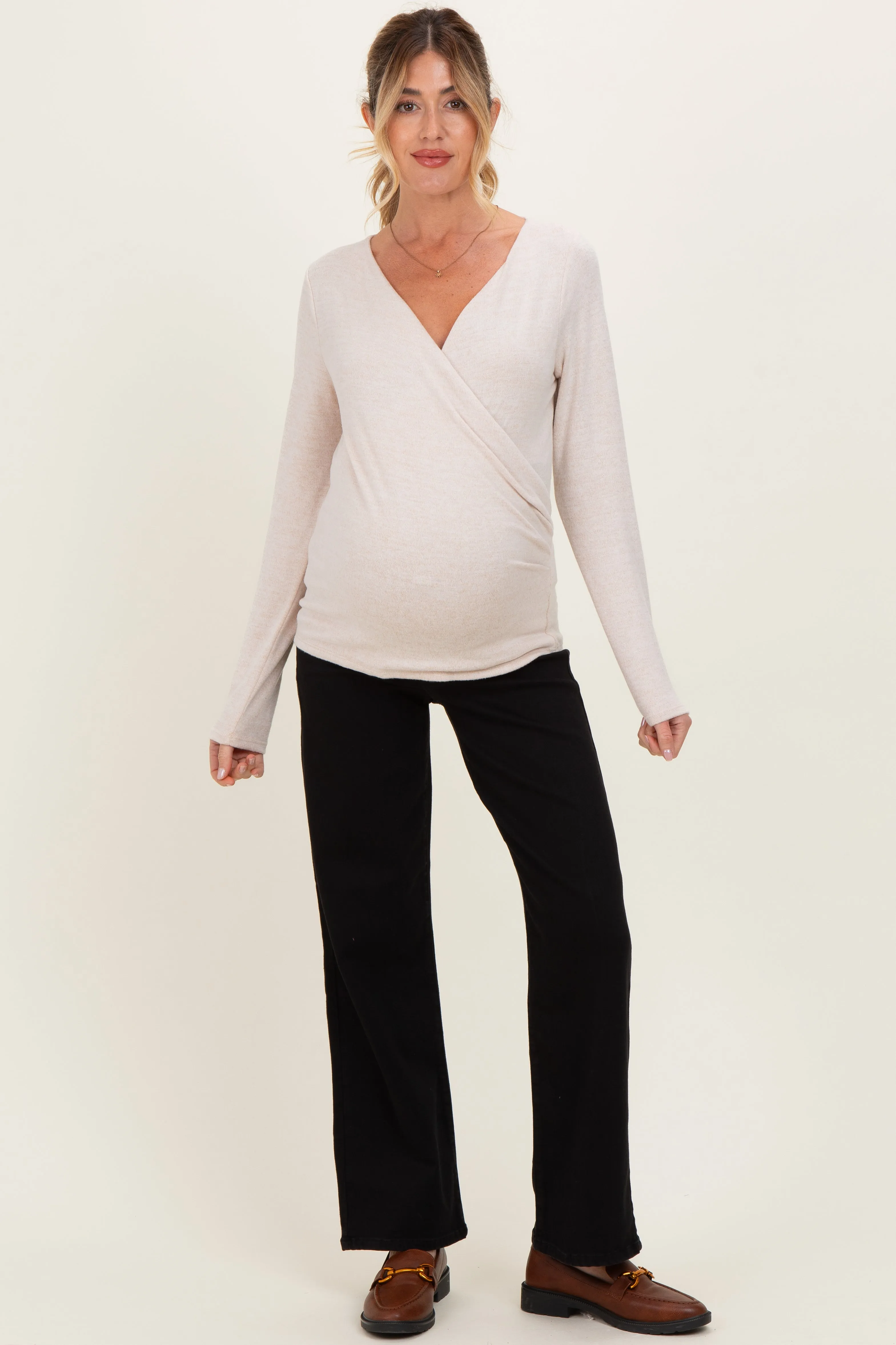 Beige Brushed Knit Wrap Front Maternity Top sold by Pinkblush product image thumbnail 2
