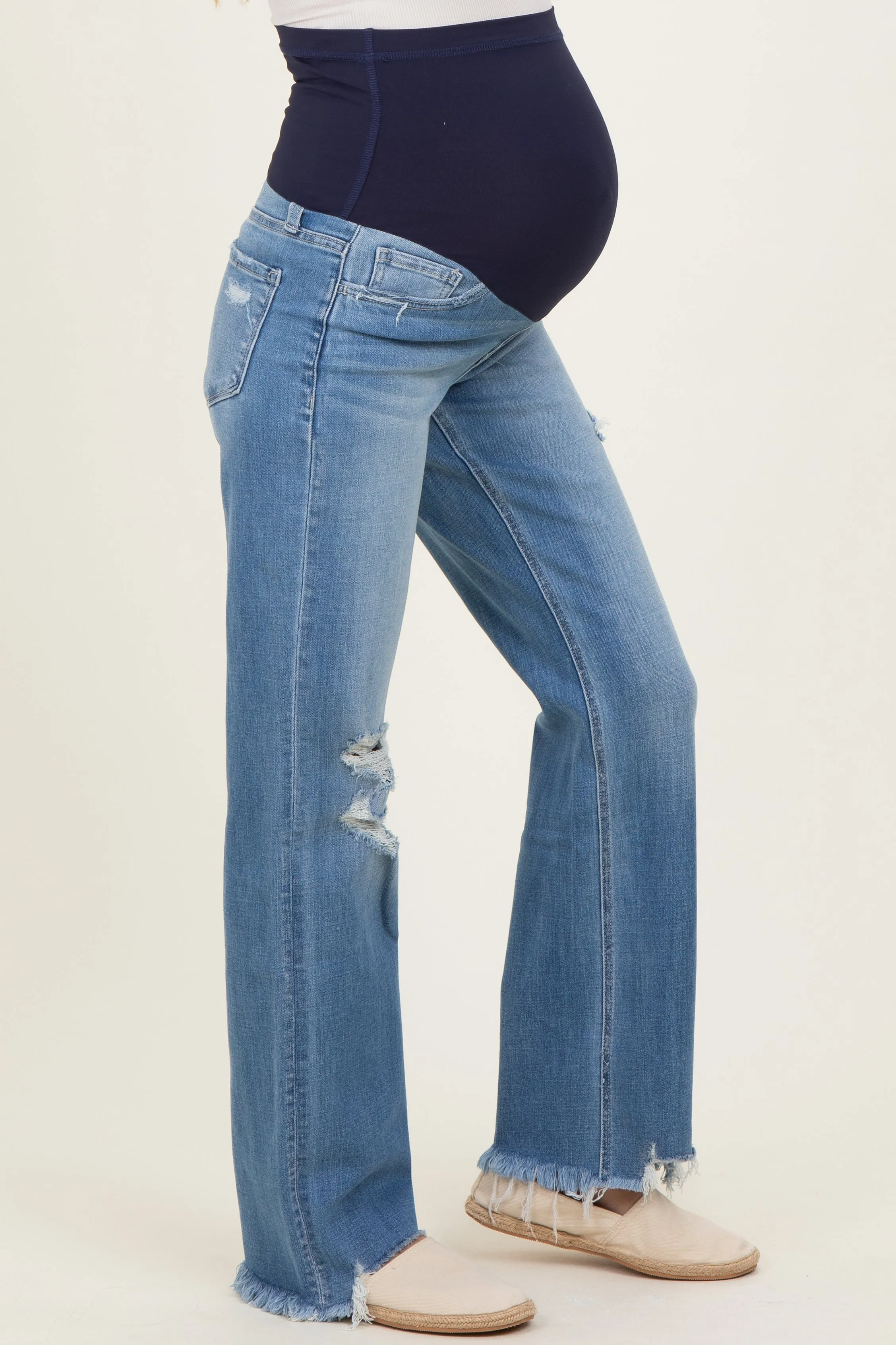 Blue Distressed Open Knee Frayed Hem Wide Leg Maternity Jeans sold by Pinkblush product image thumbnail 3
