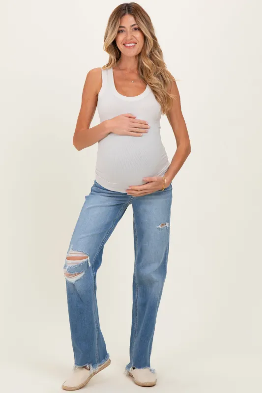 Blue Distressed Open Knee Frayed Hem Wide Leg Maternity Jeans made by Vervet