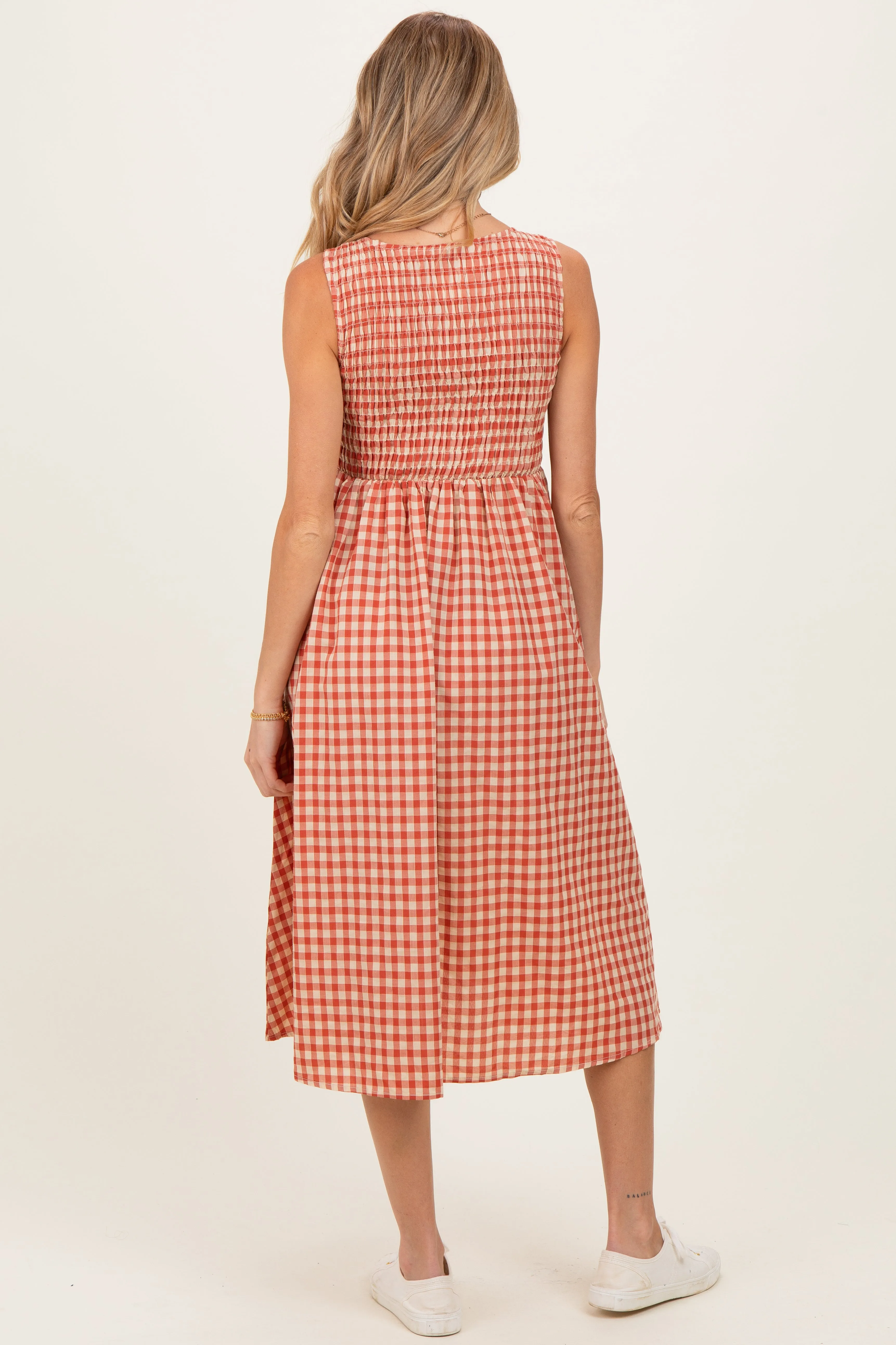 Red Gingham Smocked Sleeveless Maternity Midi Dress sold by Pinkblush product image thumbnail 3