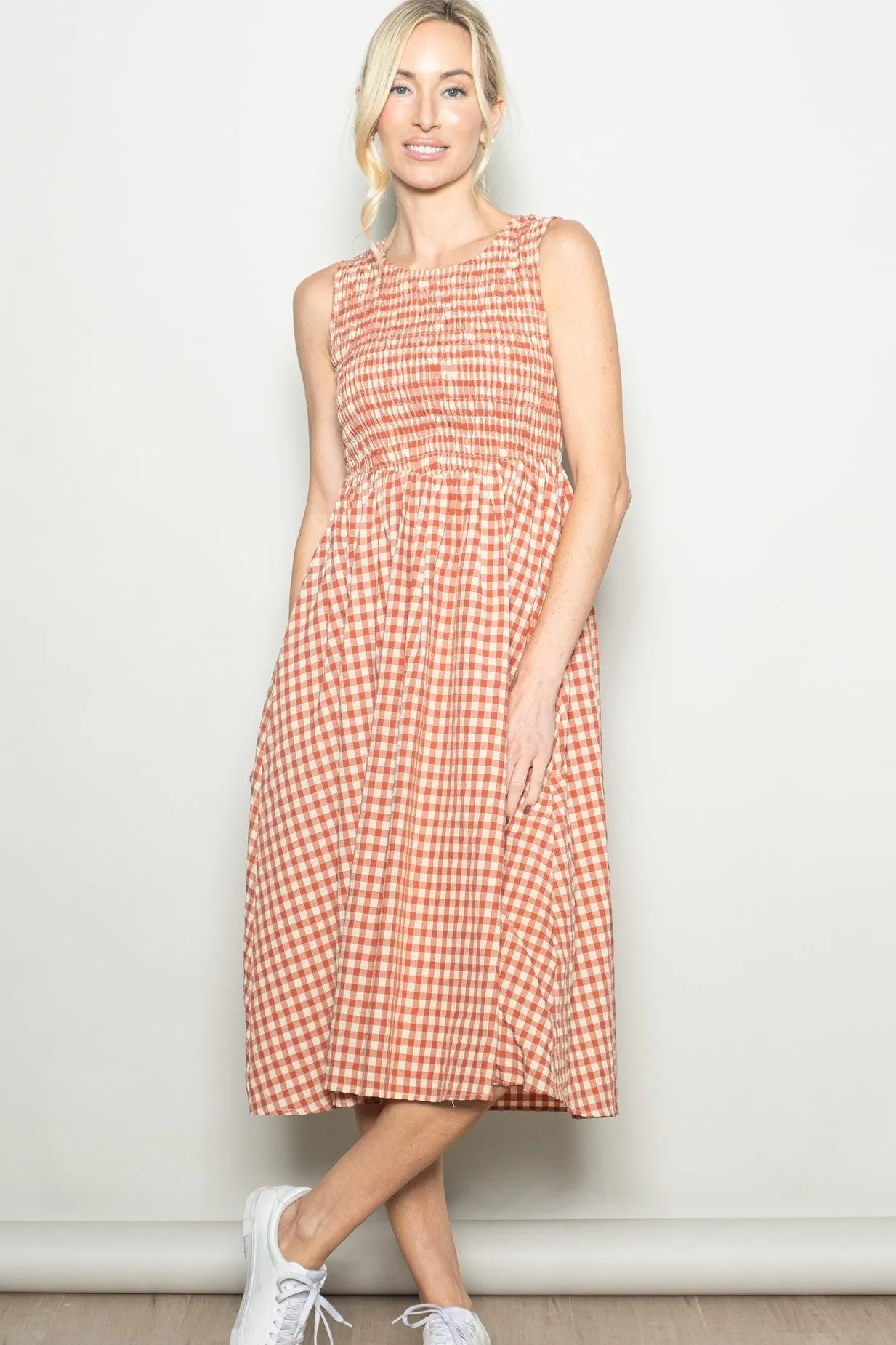Red Gingham Smocked Sleeveless Maternity Midi Dress sold by Pinkblush product image thumbnail 4