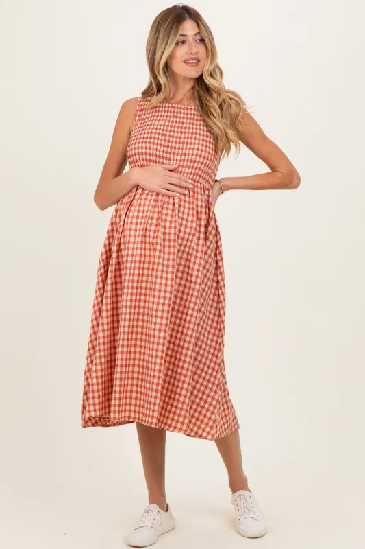 Red Gingham Smocked Sleeveless Maternity Midi Dress made by Pinkblush
