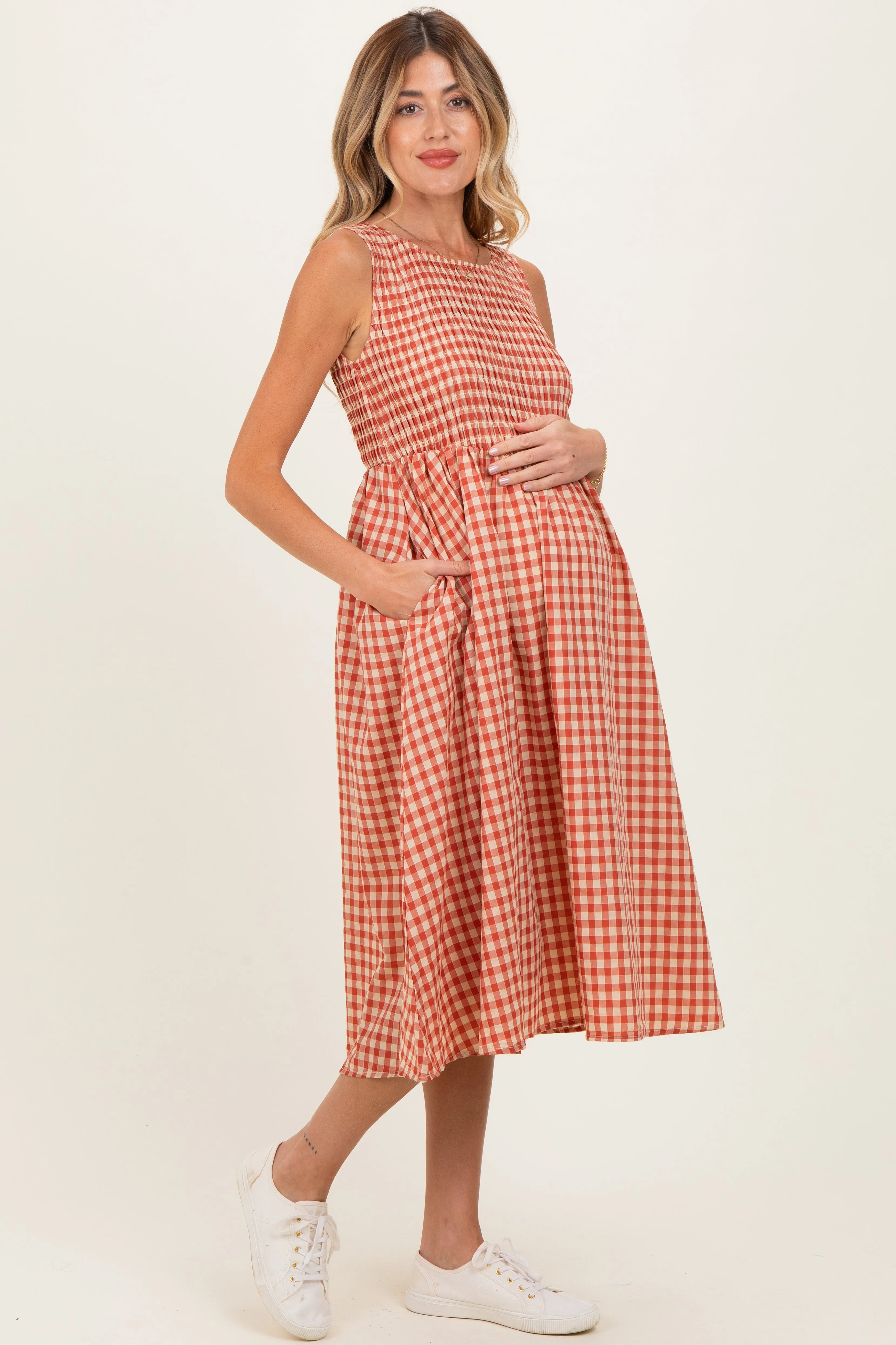 Red Gingham Smocked Sleeveless Maternity Midi Dress sold by Pinkblush product image thumbnail 2