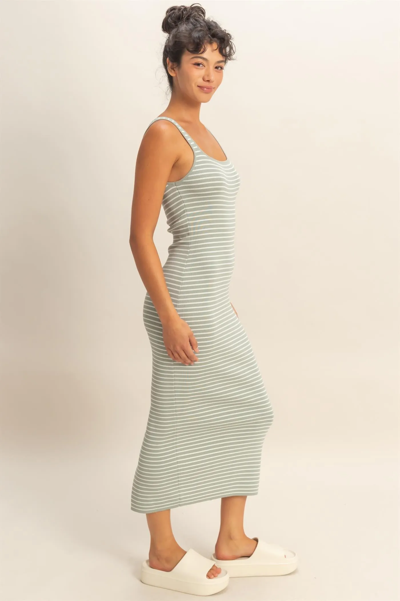 Sage Striped Fitted Midi Tank Dress sold by Pinkblush product image thumbnail 2