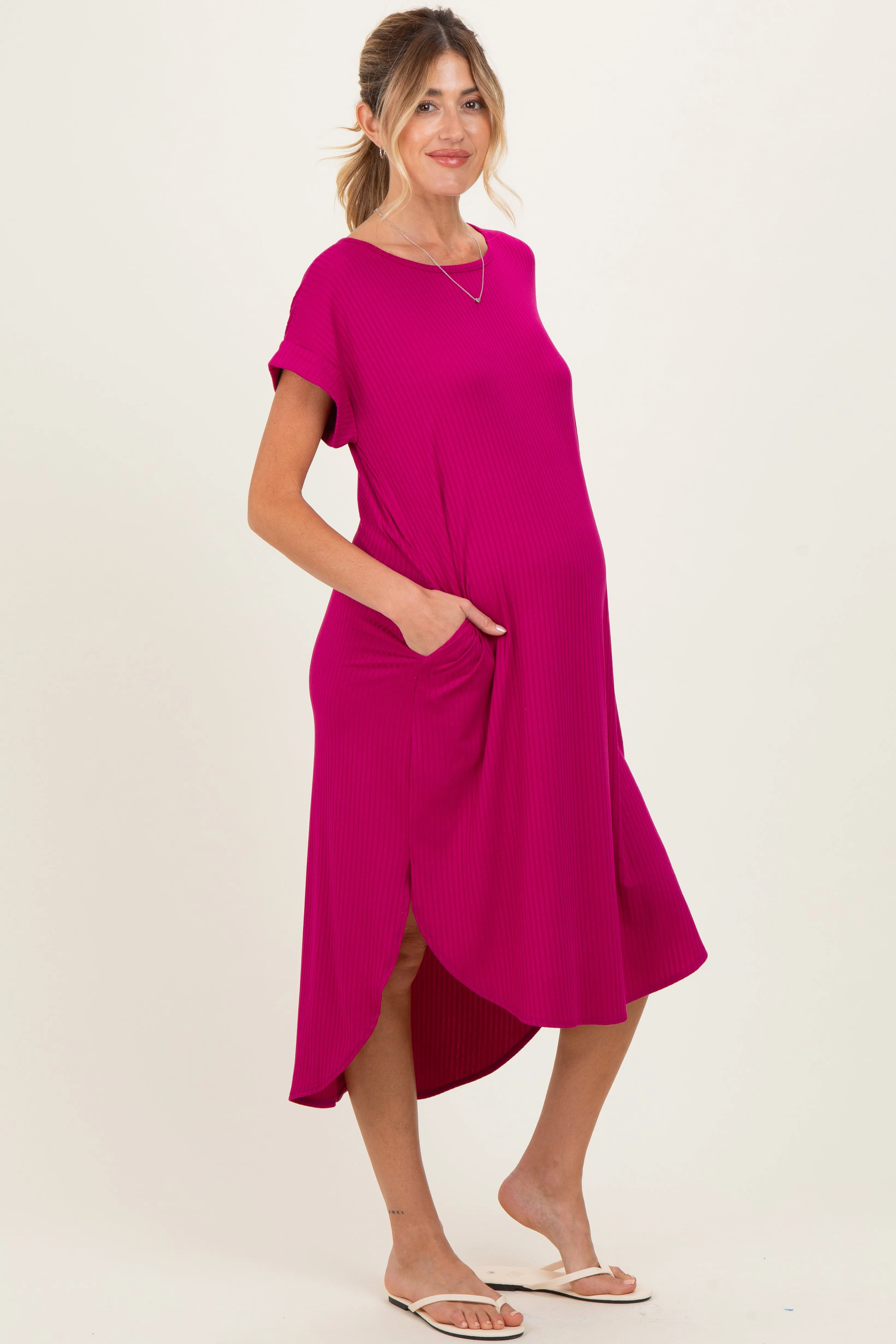 Magenta Ribbed Curved Hem Maternity Midi Dress sold by Pinkblush product image thumbnail 2