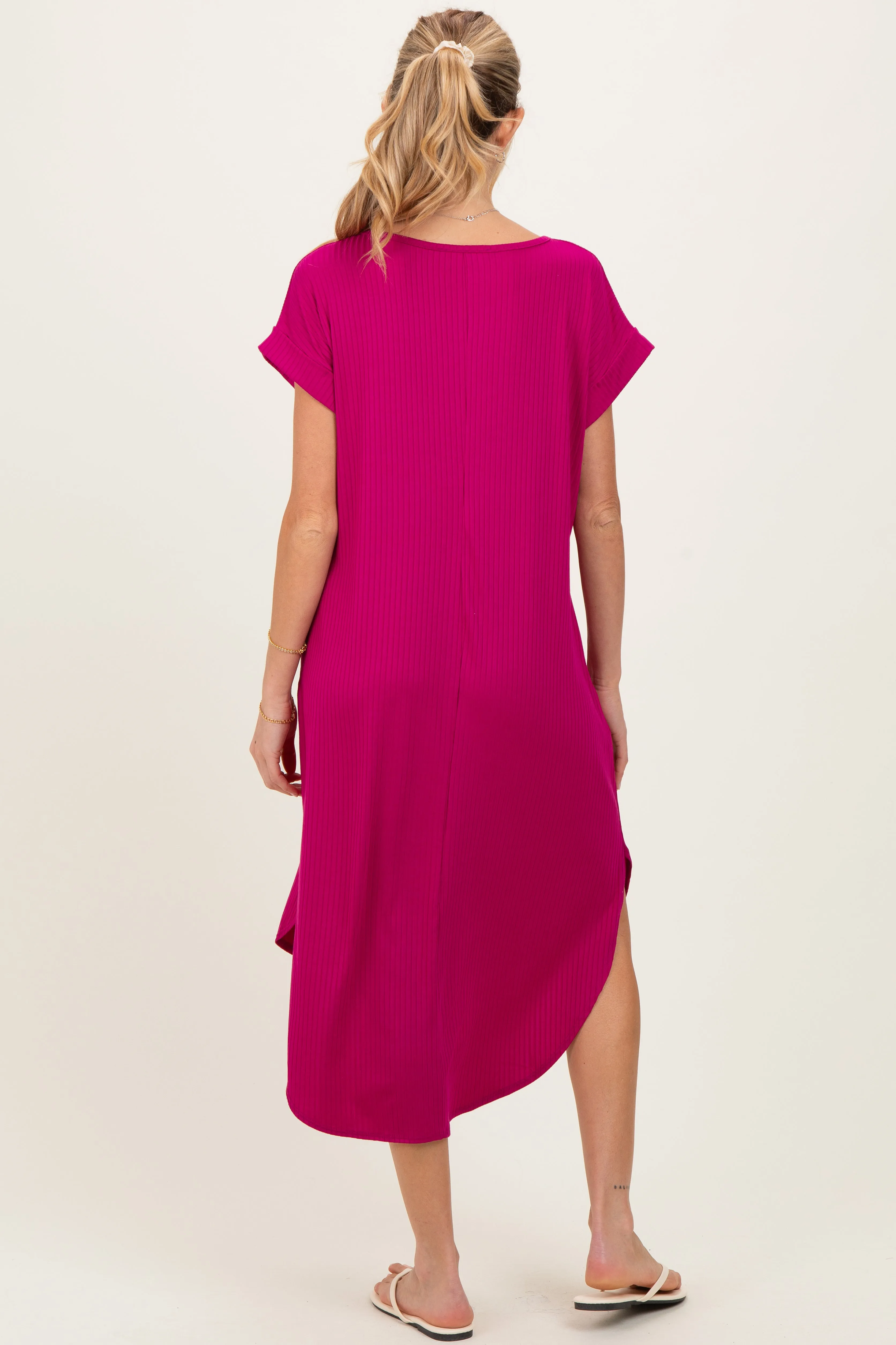 Magenta Ribbed Curved Hem Maternity Midi Dress sold by Pinkblush product image thumbnail 3