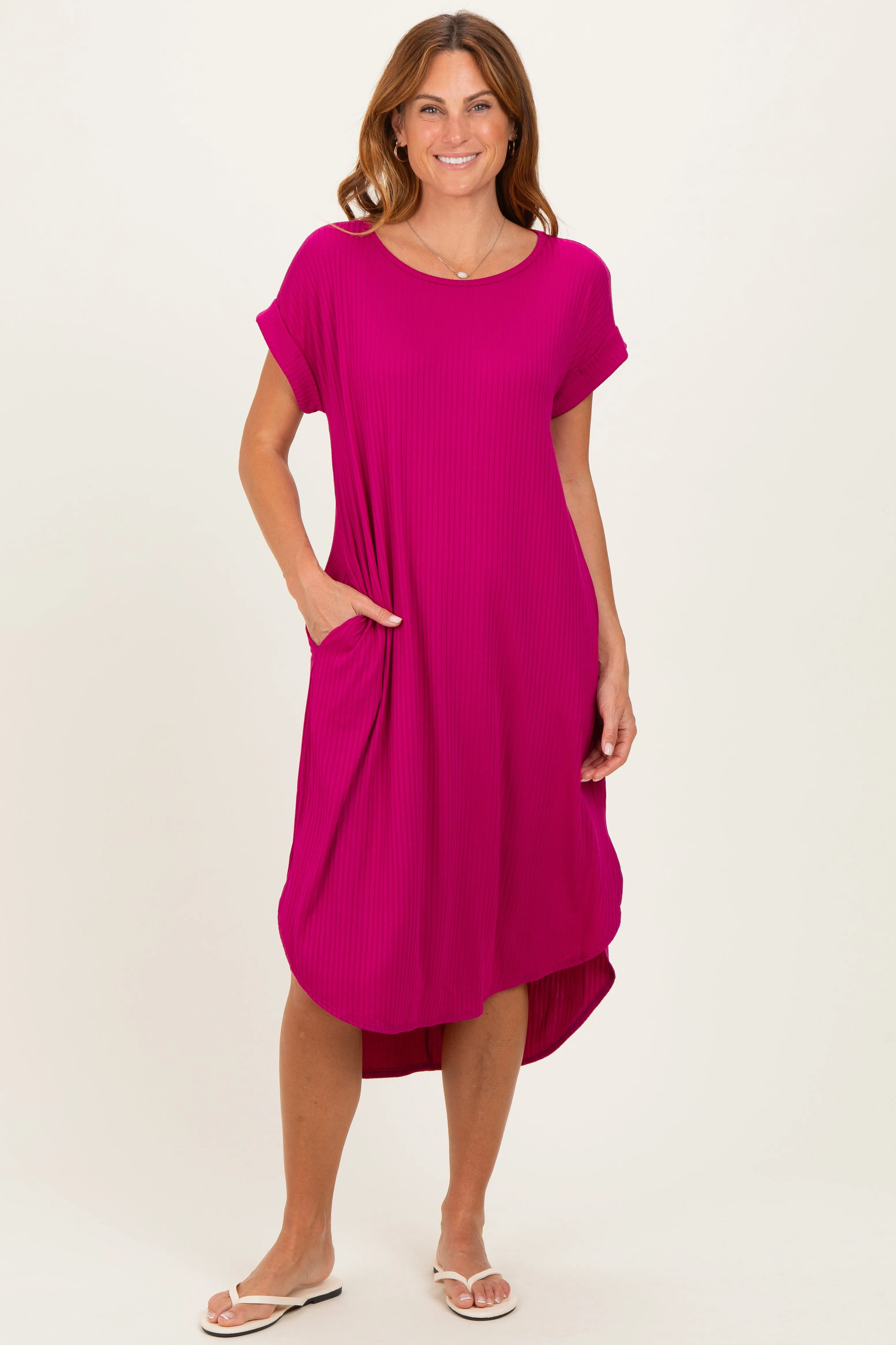 Magenta Ribbed Curved Hem Maternity Midi Dress sold by Pinkblush product image thumbnail 4
