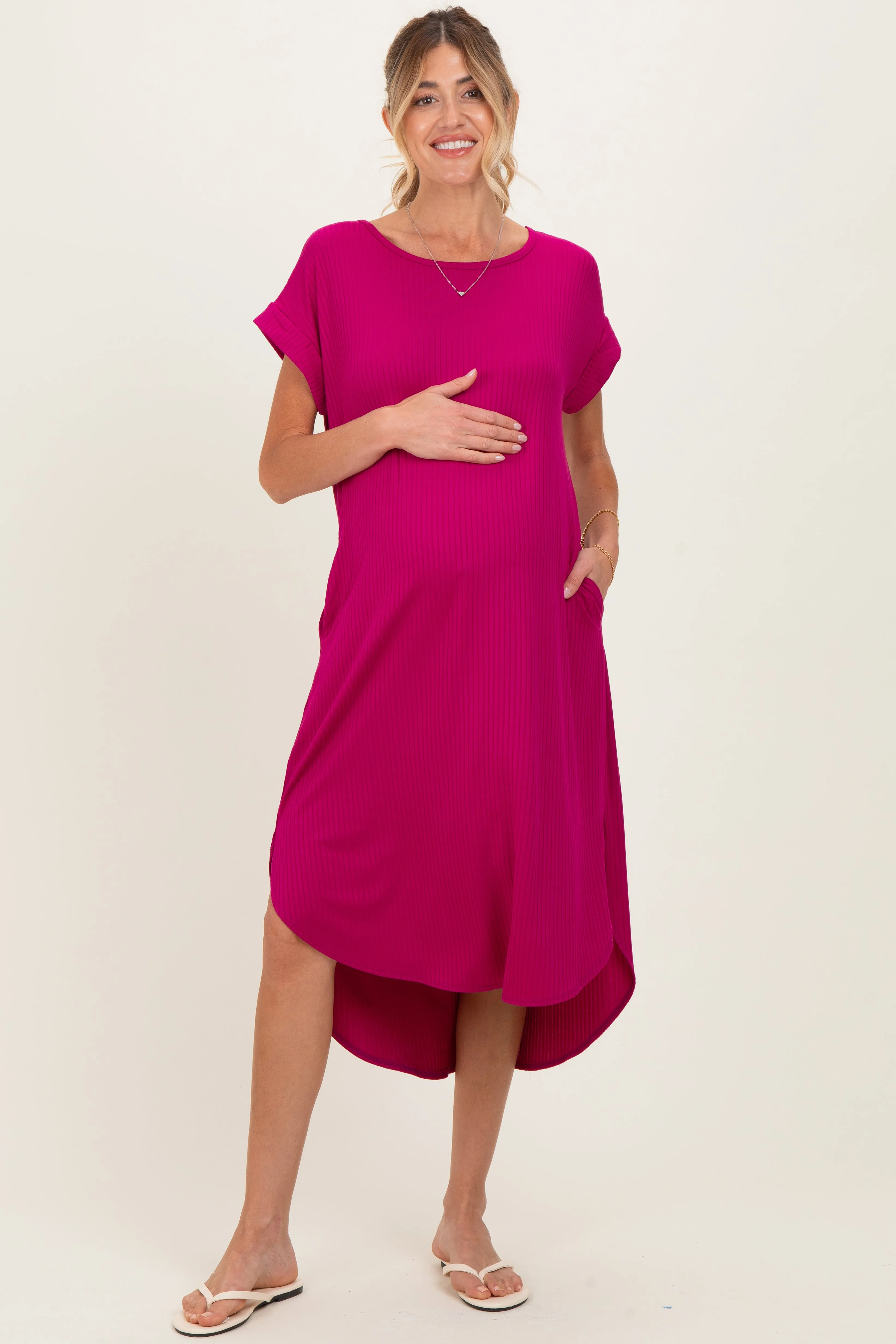 Magenta Ribbed Curved Hem Maternity Midi Dress sold by Pinkblush