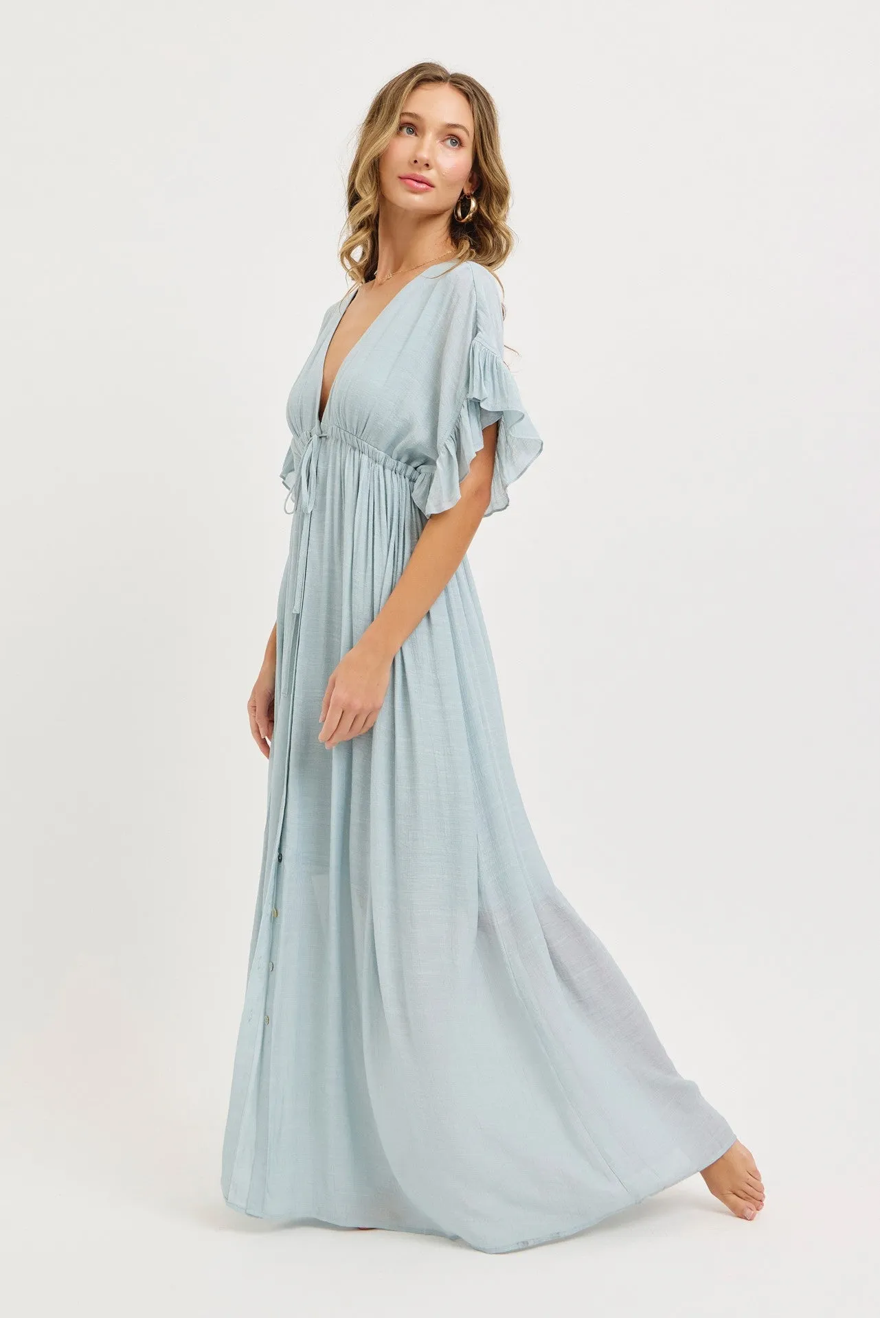 Light Blue Button Down Deep V-Neck Maxi Dress sold by Pinkblush product image thumbnail 2