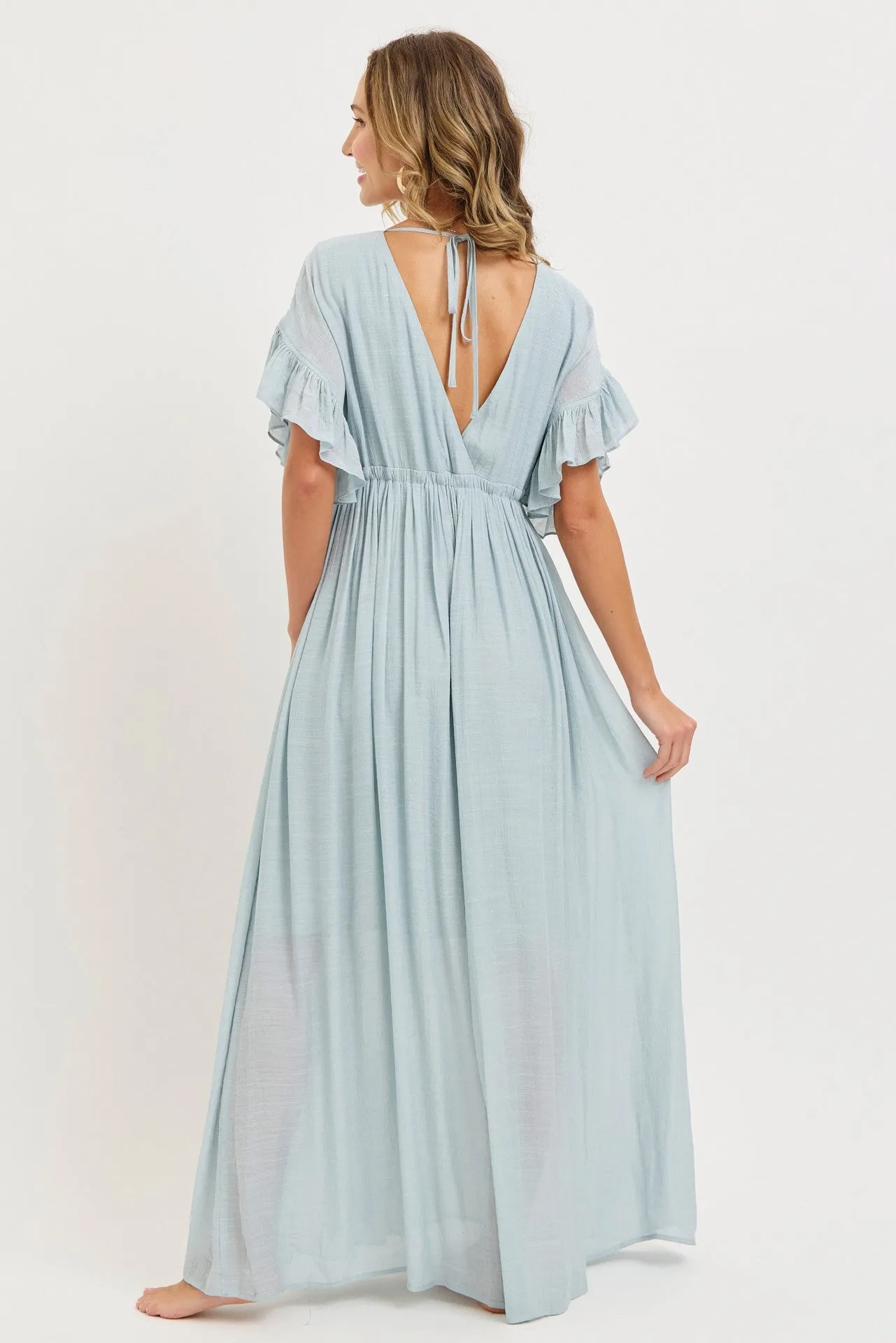 Light Blue Button Down Deep V-Neck Maxi Dress sold by Pinkblush product image thumbnail 3