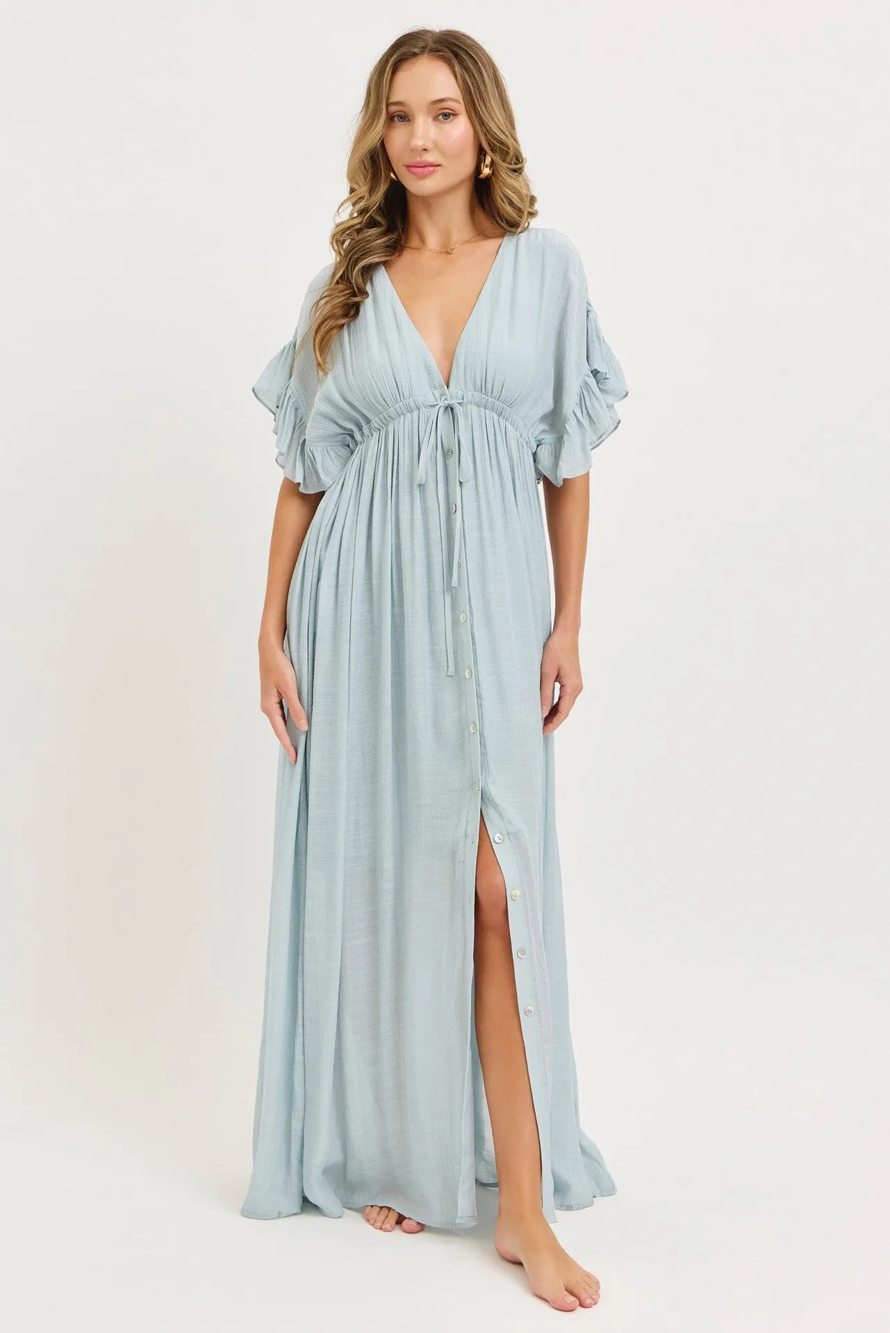 Light Blue Button Down Deep V-Neck Maxi Dress sold by Pinkblush