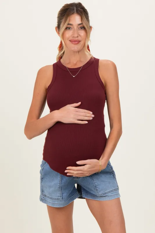 Medium Denim Pull On Patch Pocket Maternity Denim Shorts made by Pinkblush