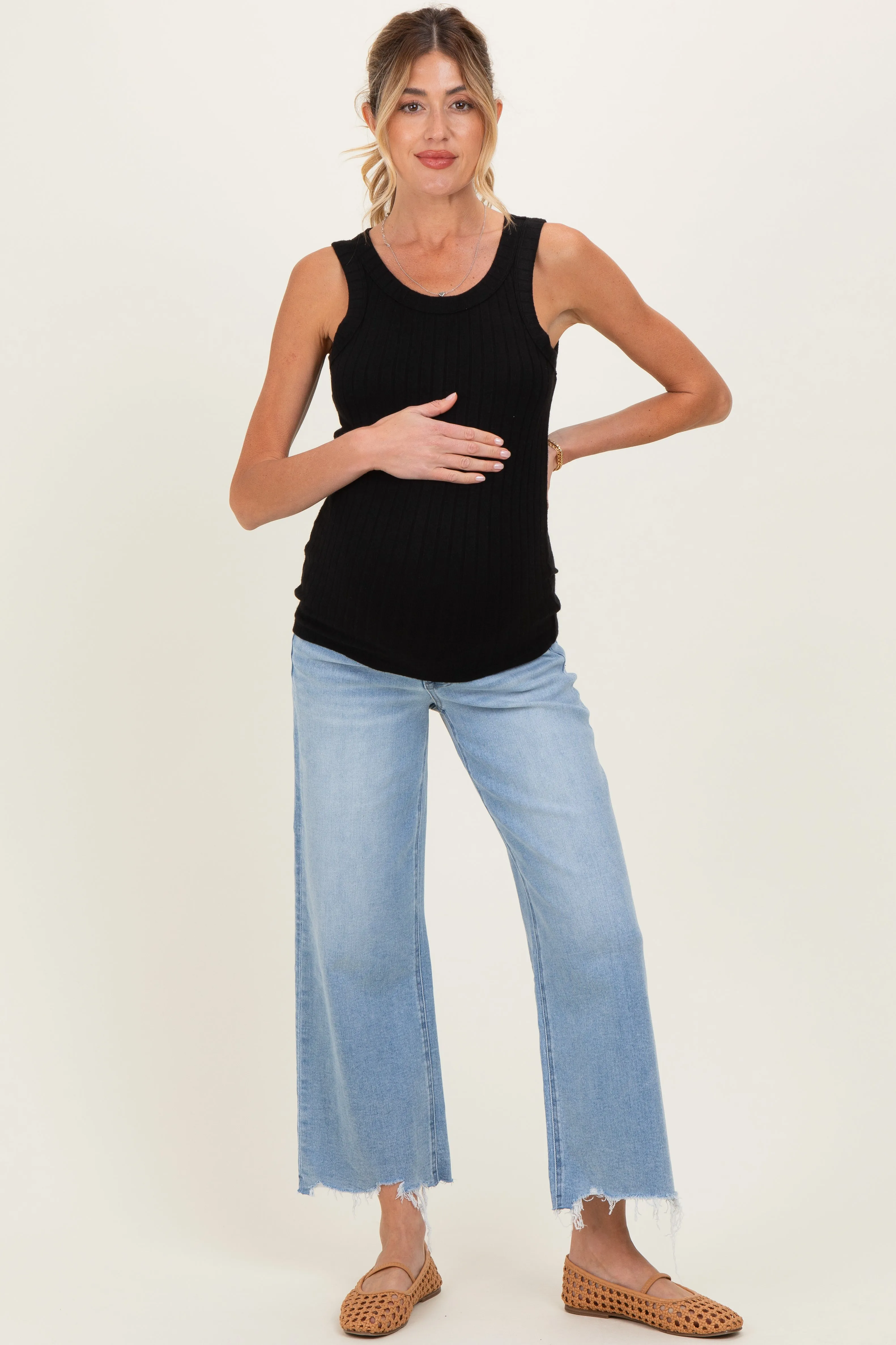 Light Blue Frayed Hem Crop Wide Leg Maternity Jeans sold by Pinkblush