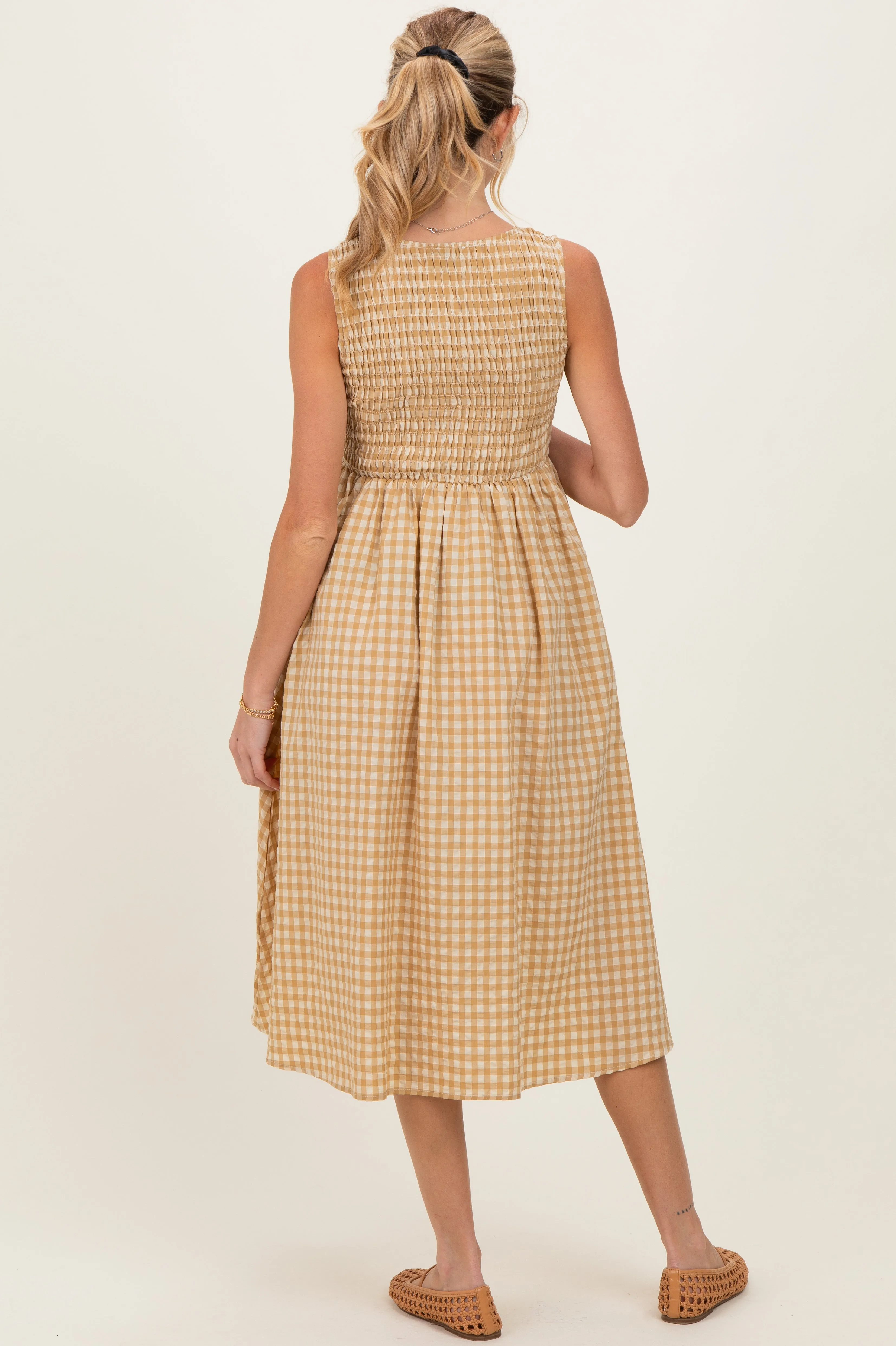 Yellow Gingham Smocked Sleeveless Maternity Midi Dress sold by Pinkblush product image thumbnail 3