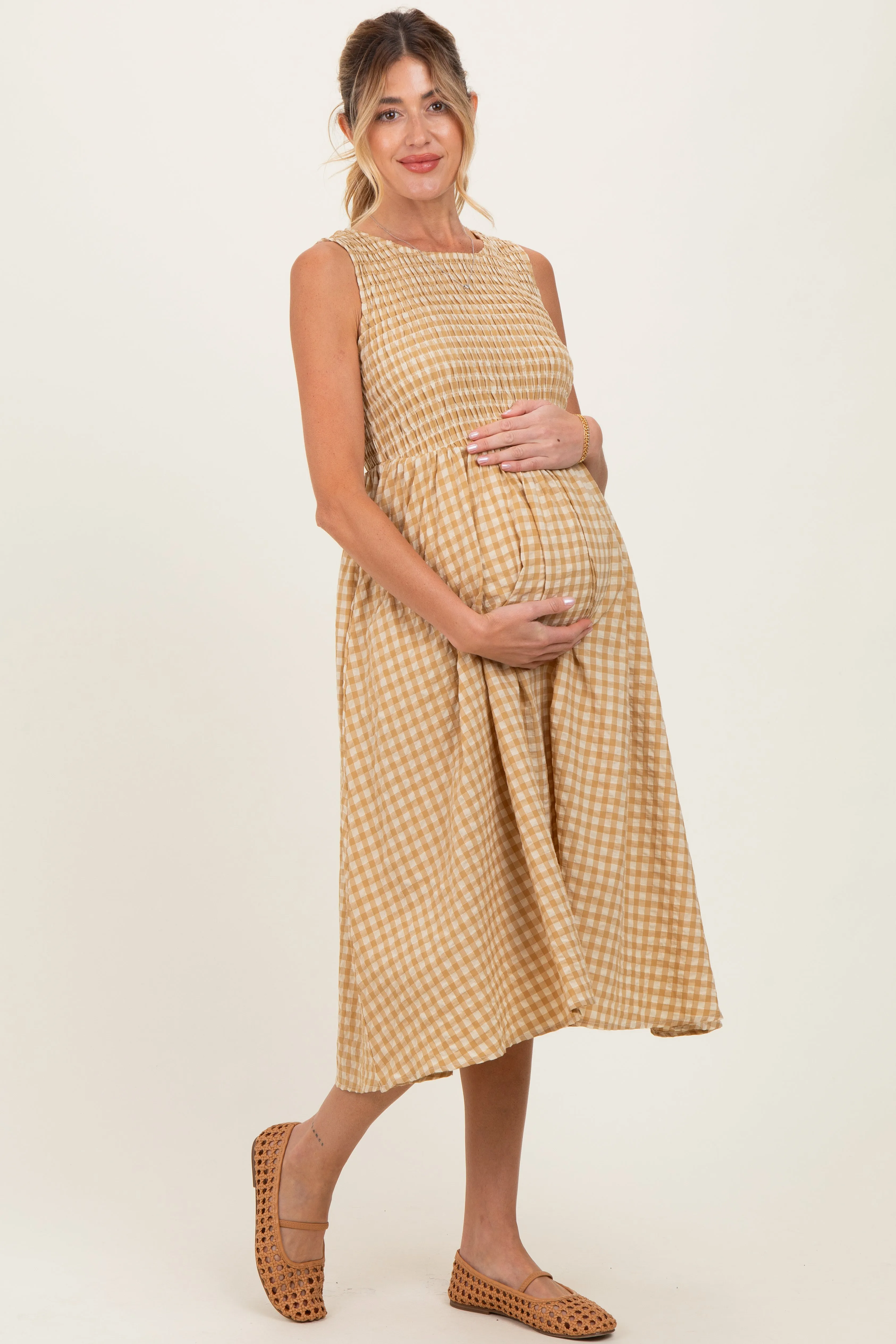 Yellow Gingham Smocked Sleeveless Maternity Midi Dress sold by Pinkblush product image thumbnail 2