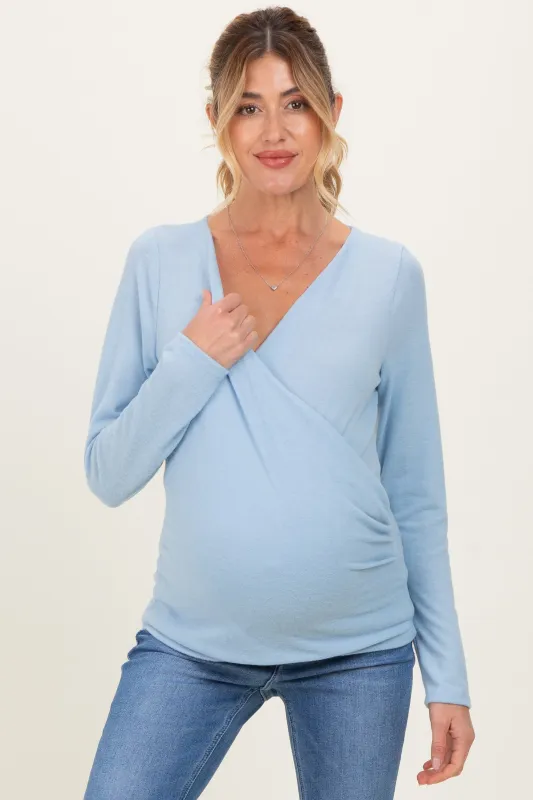 Light Blue Brushed Knit Wrap Front Maternity Top made by Pinkblush