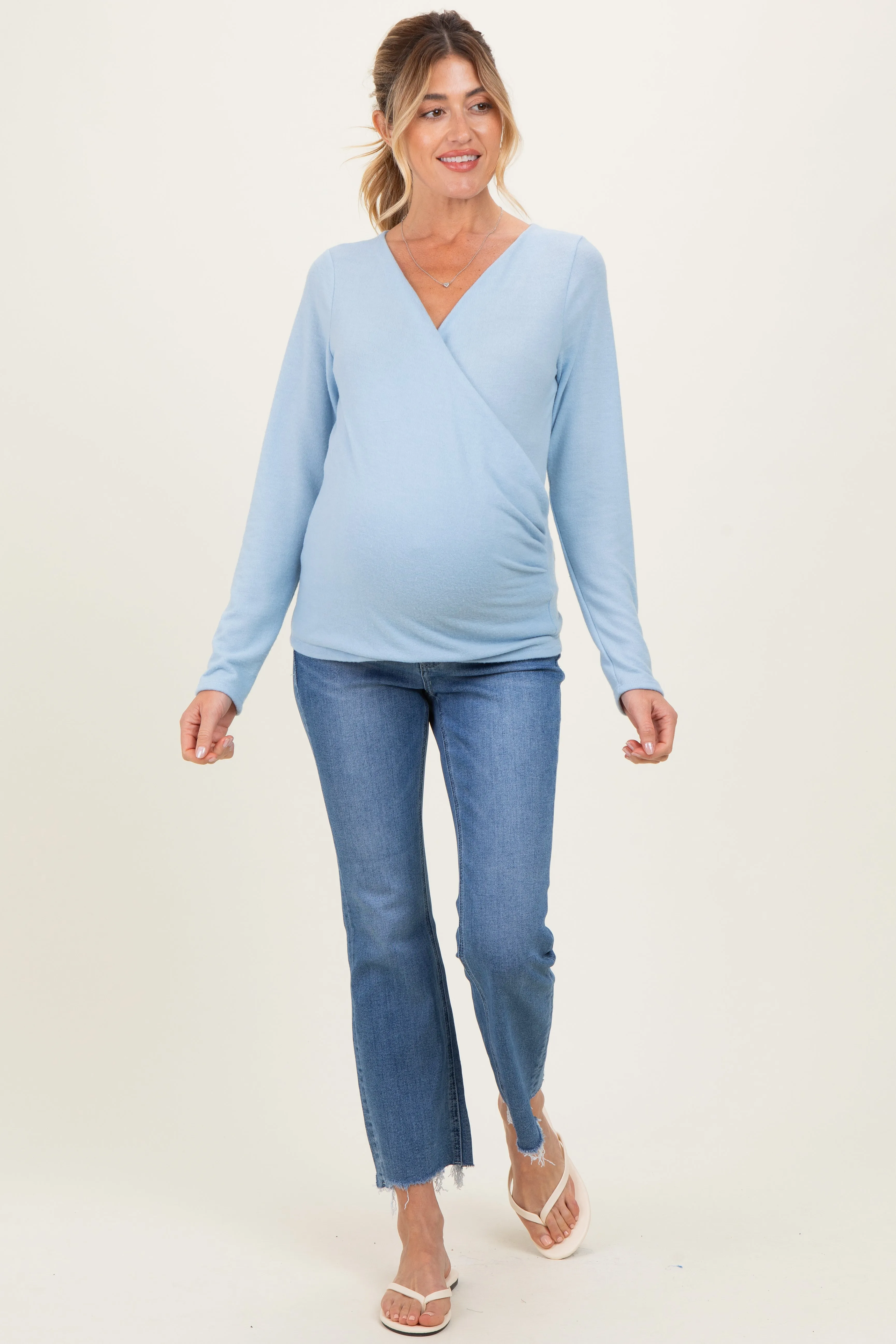 Light Blue Brushed Knit Wrap Front Maternity Top sold by Pinkblush product image thumbnail 2