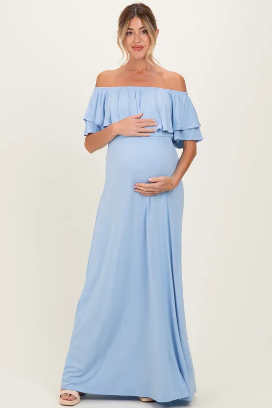 Light Blue Ruffle Off Shoulder Maternity Maxi Dress sold by Pinkblush