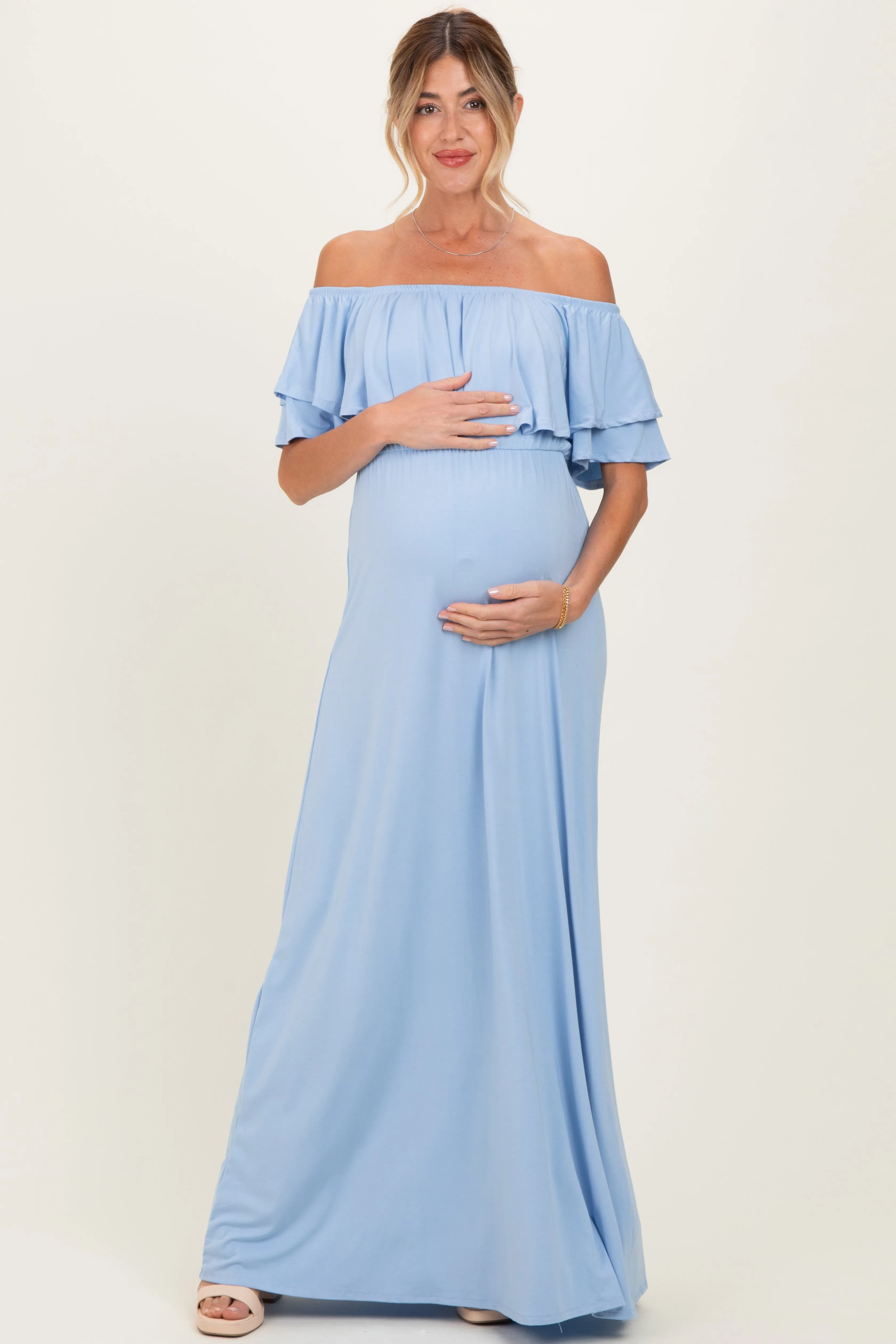 Light Blue Ruffle Off Shoulder Maternity Maxi Dress sold by Pinkblush