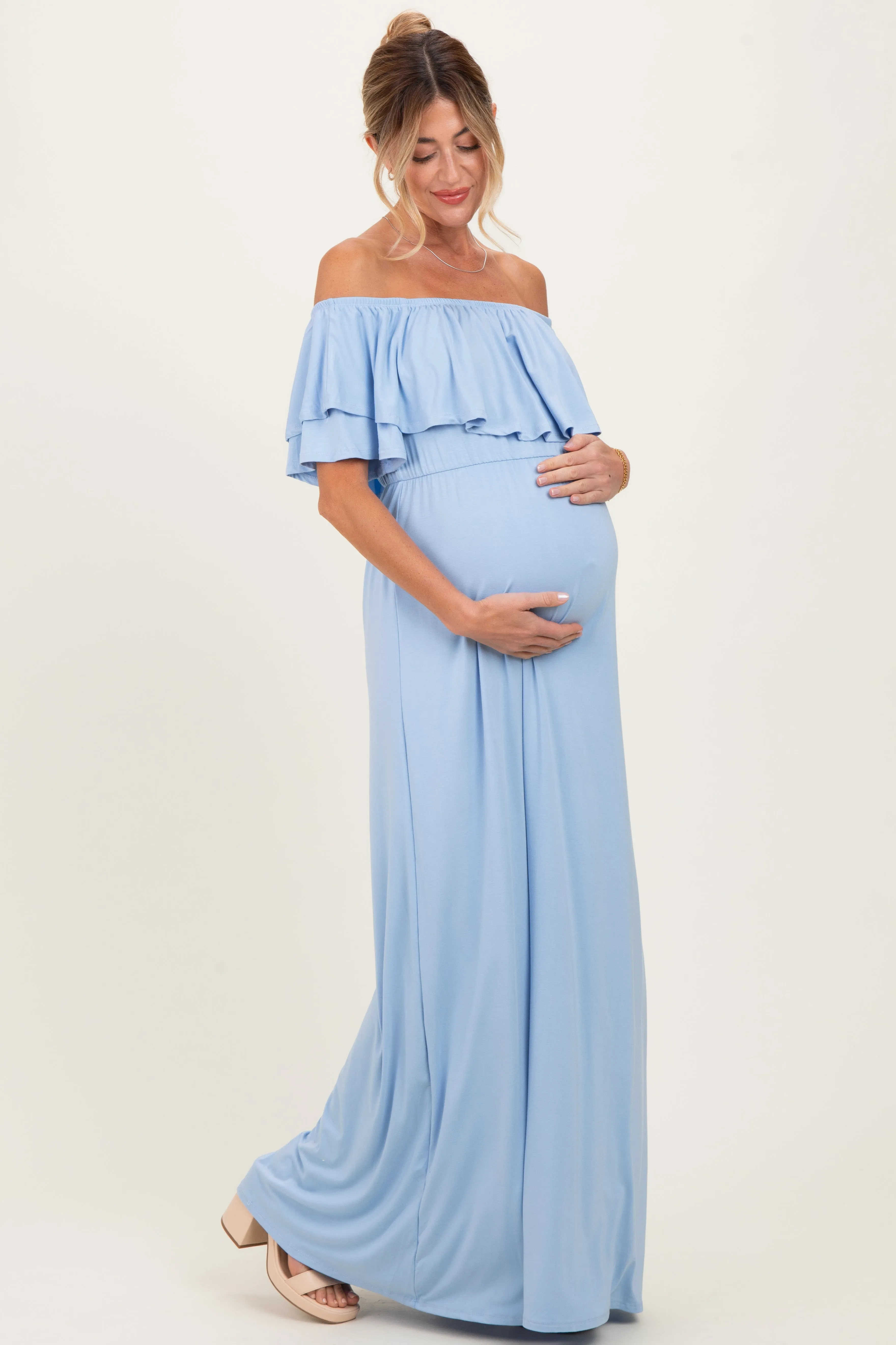 Light Blue Ruffle Off Shoulder Maternity Maxi Dress sold by Pinkblush product image thumbnail 2