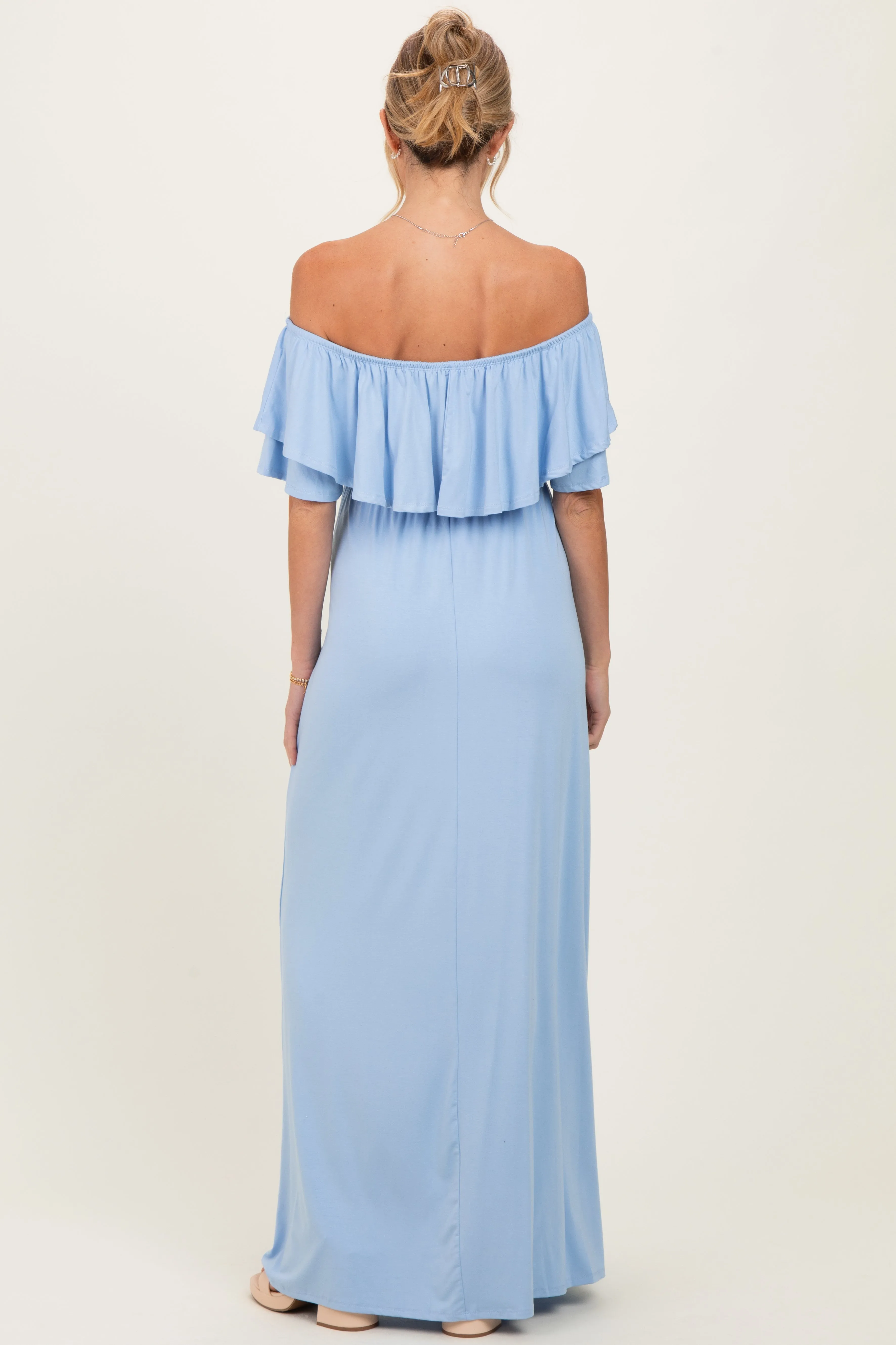 Light Blue Ruffle Off Shoulder Maternity Maxi Dress sold by Pinkblush product image thumbnail 3