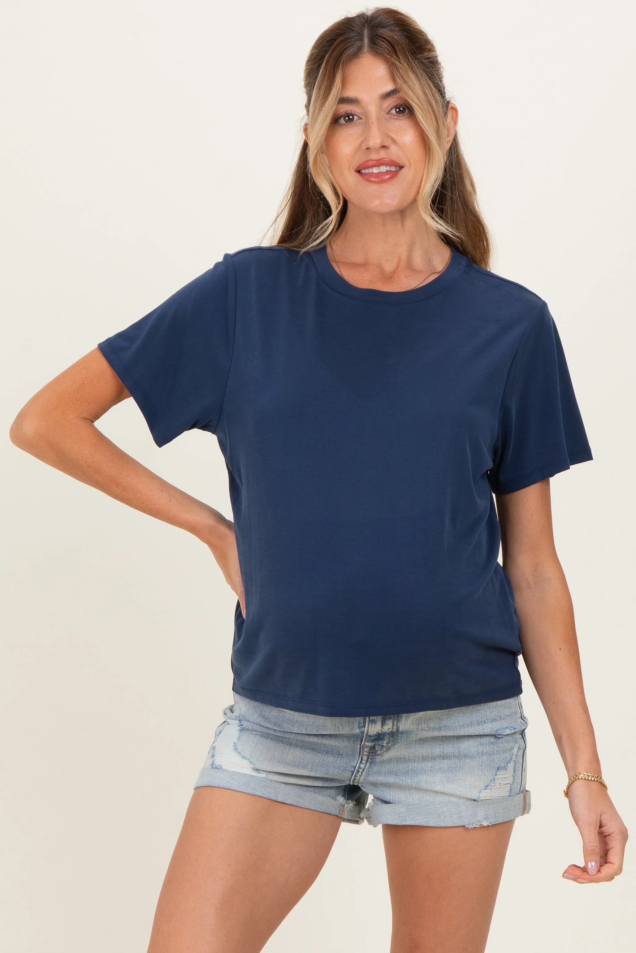 Light Blue Distressed Fringe Maternity Denim Shorts sold by Pinkblush product image thumbnail 2