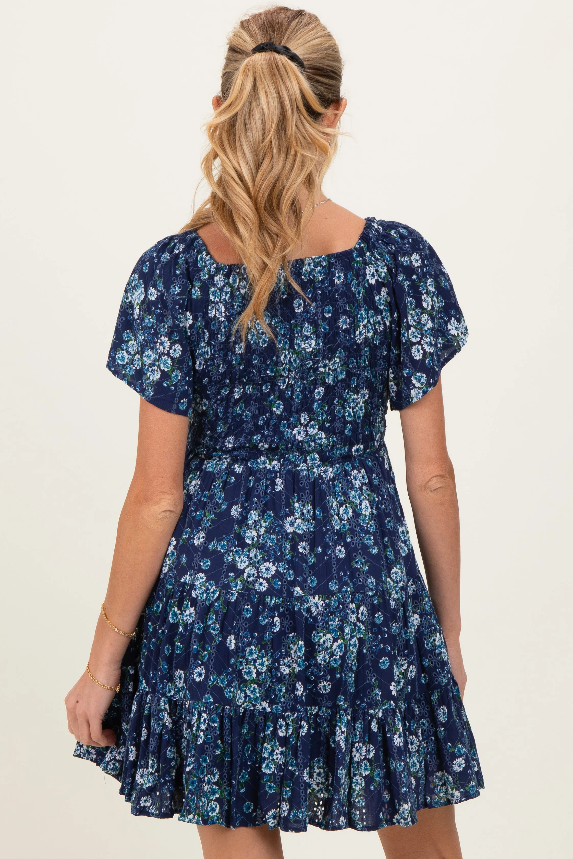 Blue Eyelet Embroidered Printed V Neck Maternity Dress sold by Pinkblush product image thumbnail 4