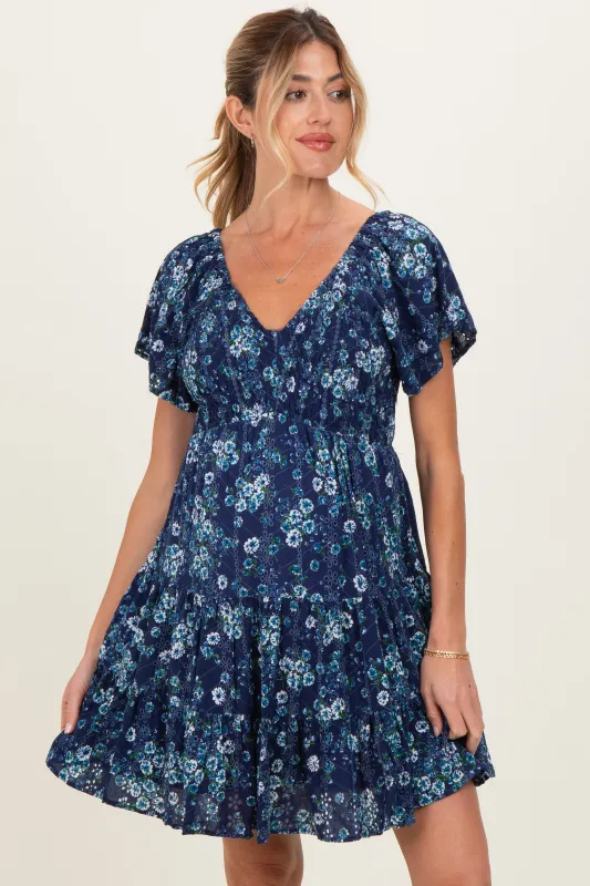 Blue Eyelet Embroidered Printed V Neck Maternity Dress made by Angie