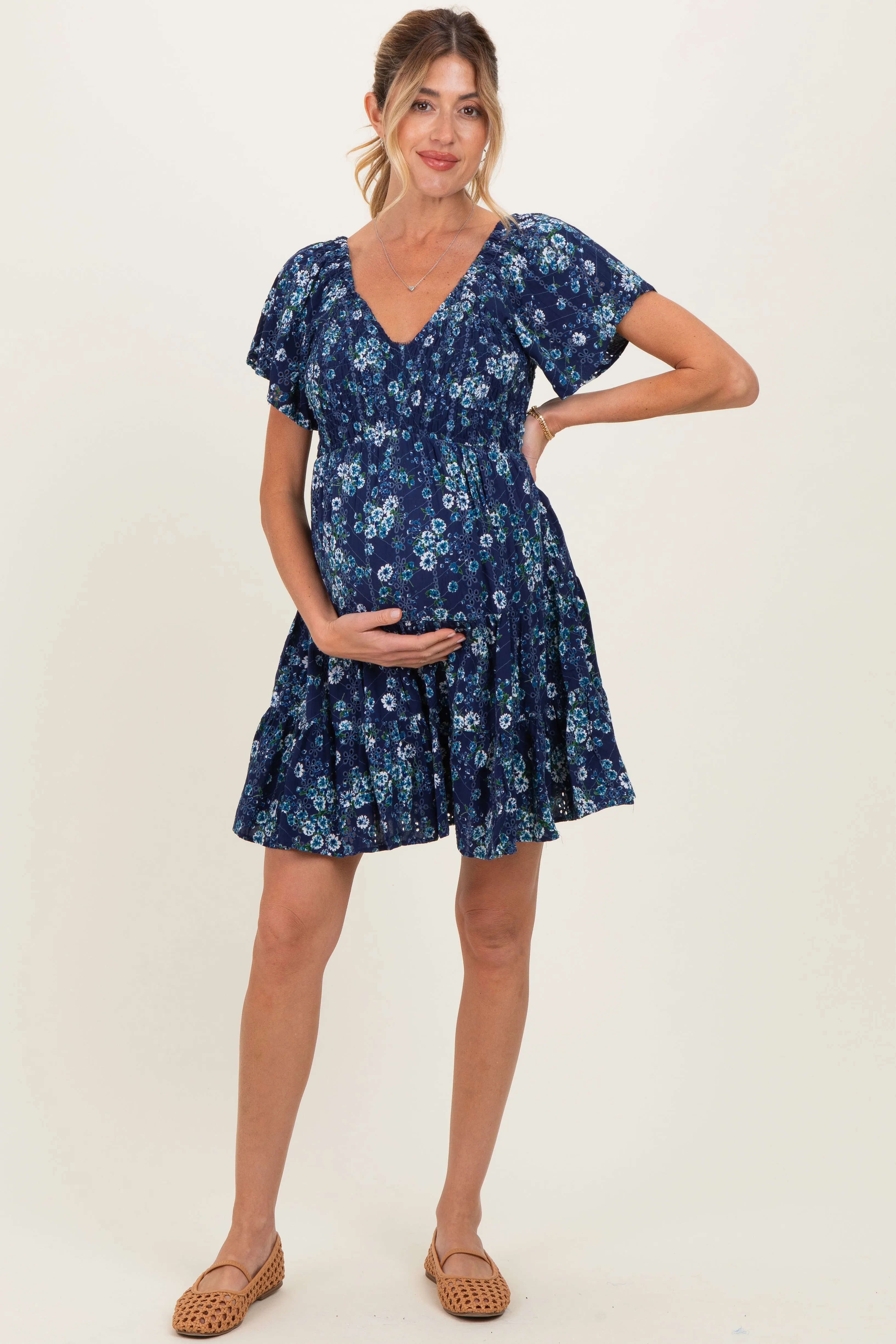 Blue Eyelet Embroidered Printed V Neck Maternity Dress sold by Pinkblush product image thumbnail 2