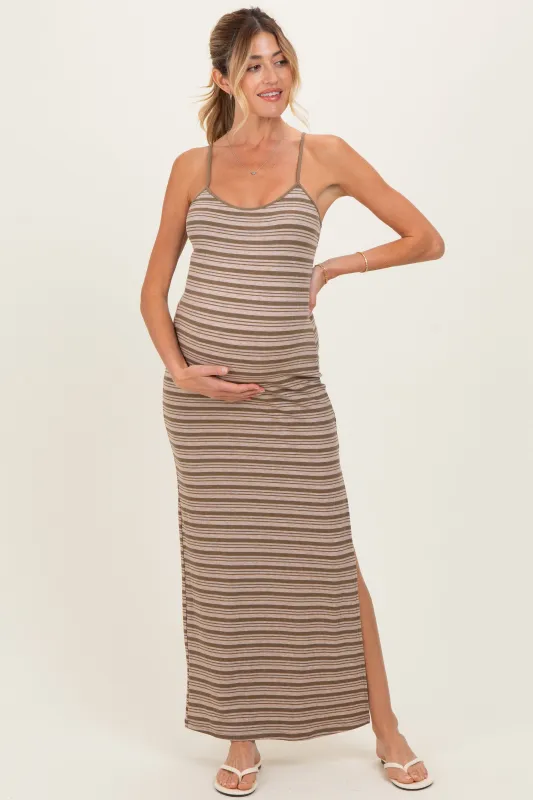 Taupe Striped Ribbed Sleeveless Side Slit Maternity Maxi Dress made by Pretty Garbage