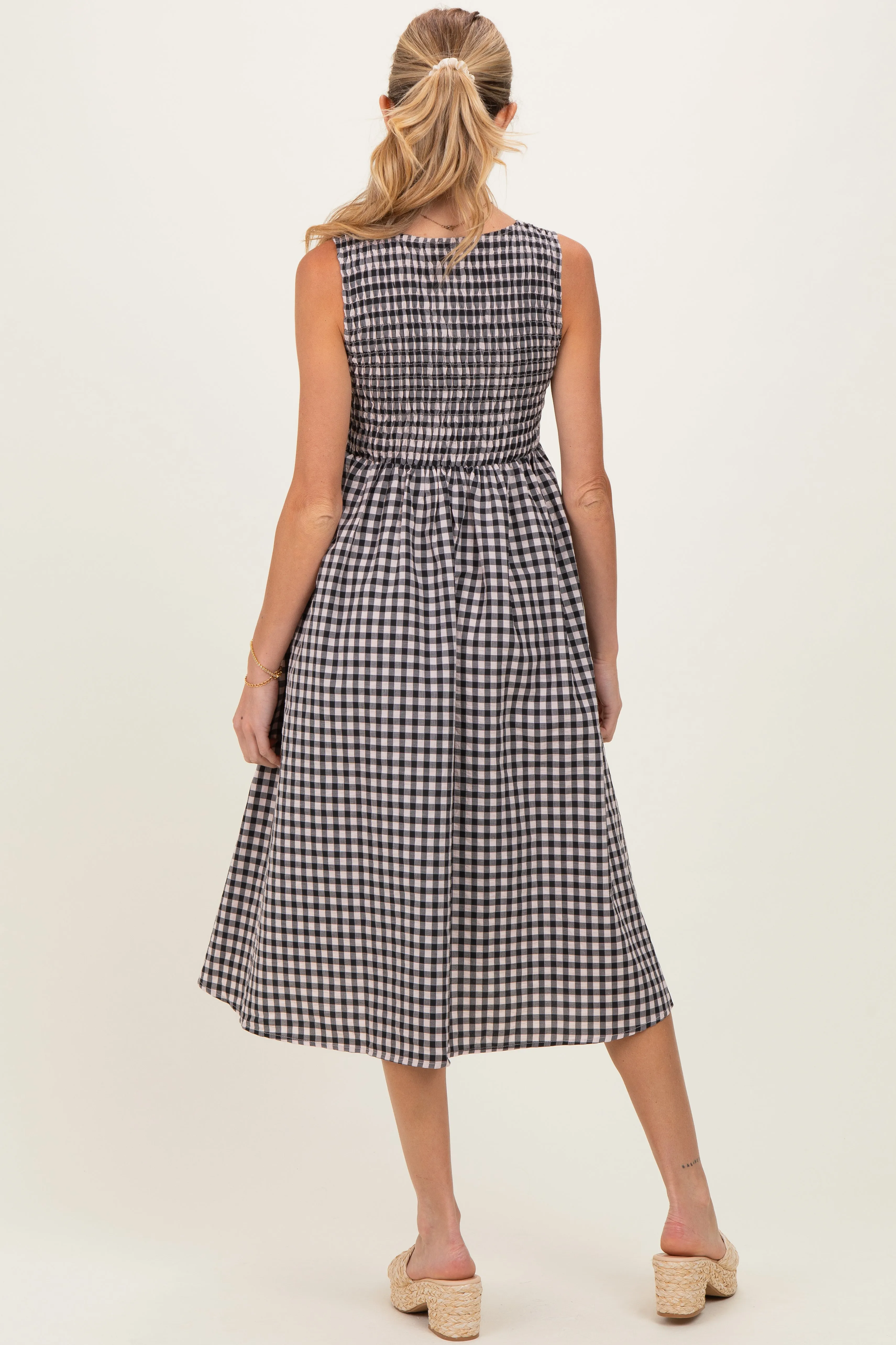 Black Gingham Smocked Sleeveless Maternity Midi Dress sold by Pinkblush product image thumbnail 3